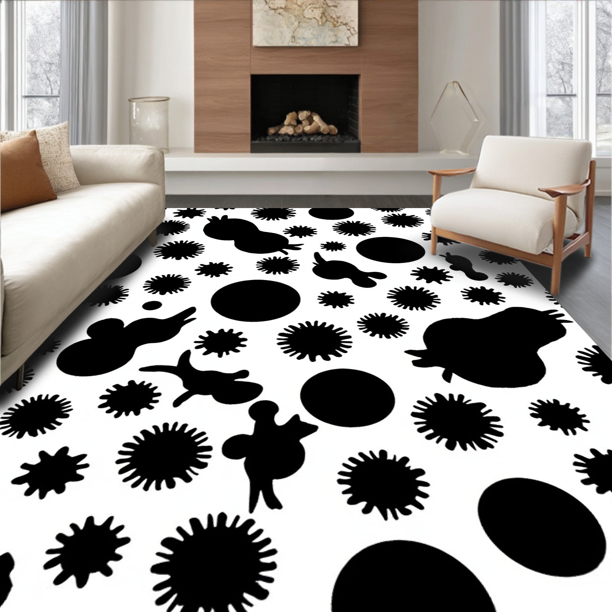 Abstract Black White Organic Shapes Rug