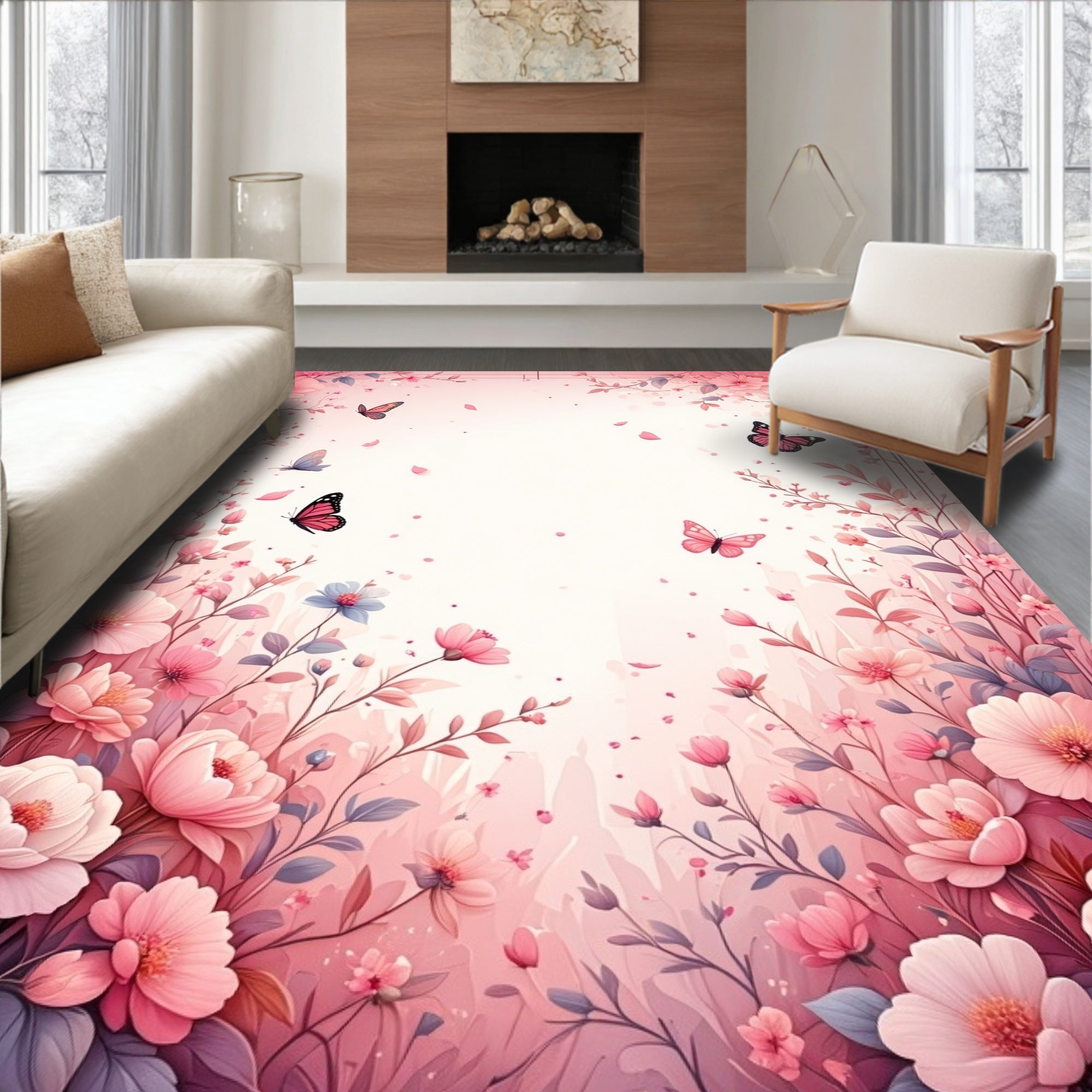 Pink Floral Butterfly Garden Romance Rug