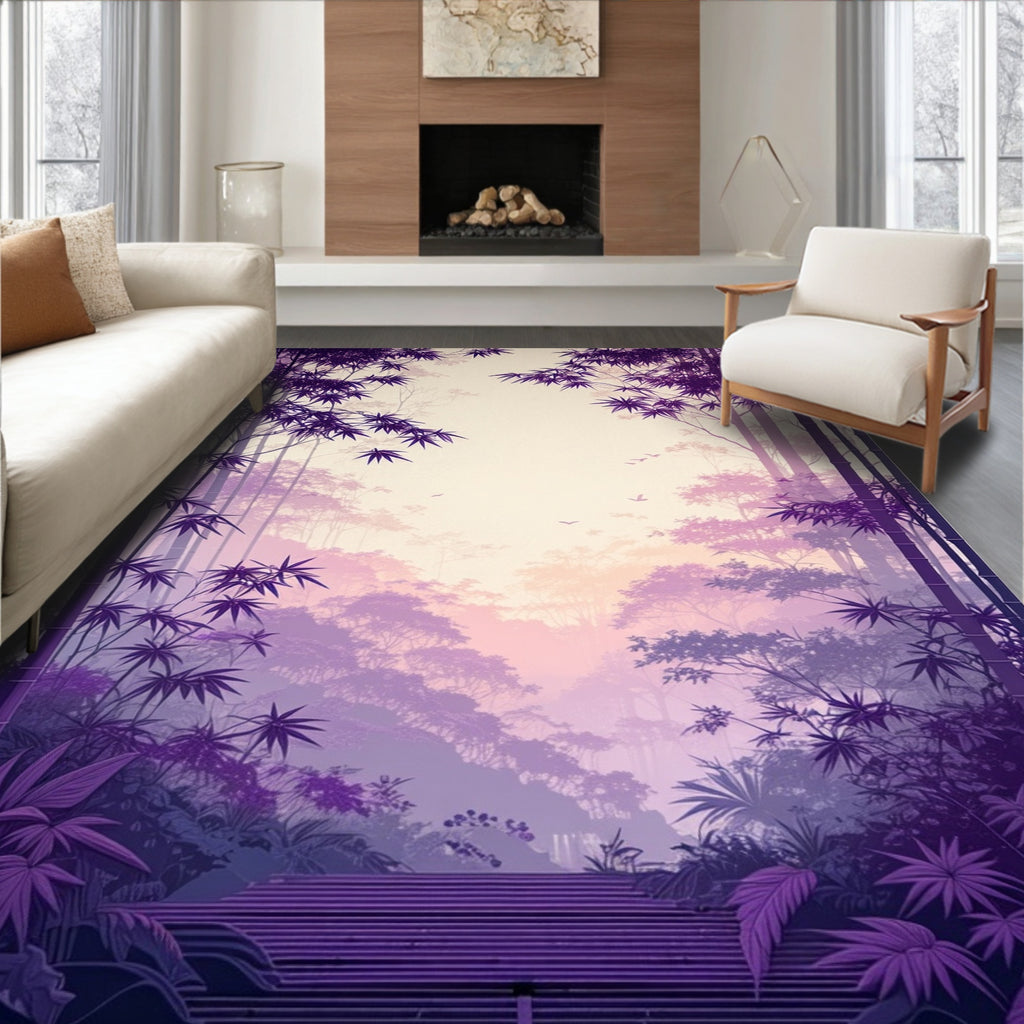 Misty Purple Bamboo Forest Landscape Rug