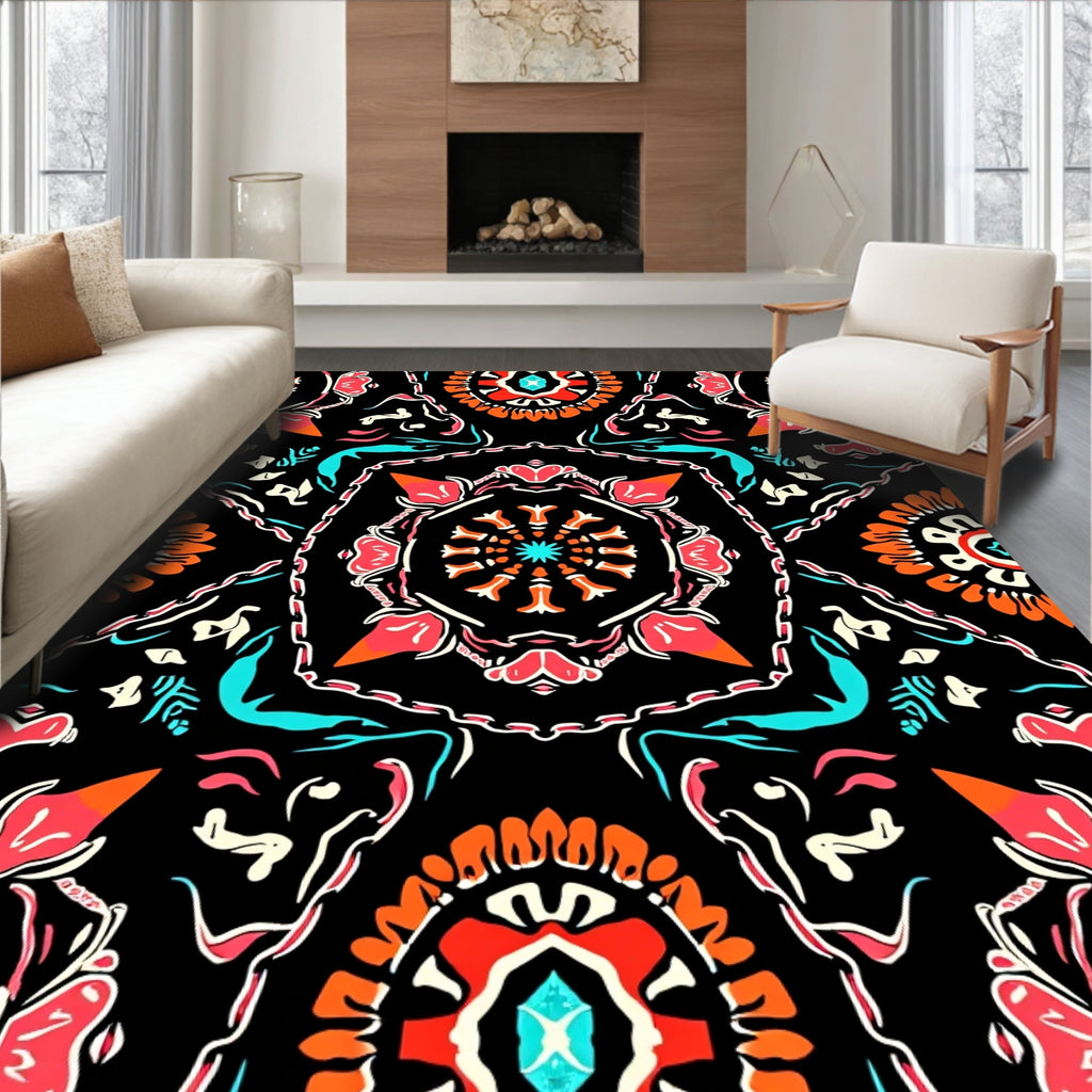 Bold Orange Flower And Teal Design Rug
