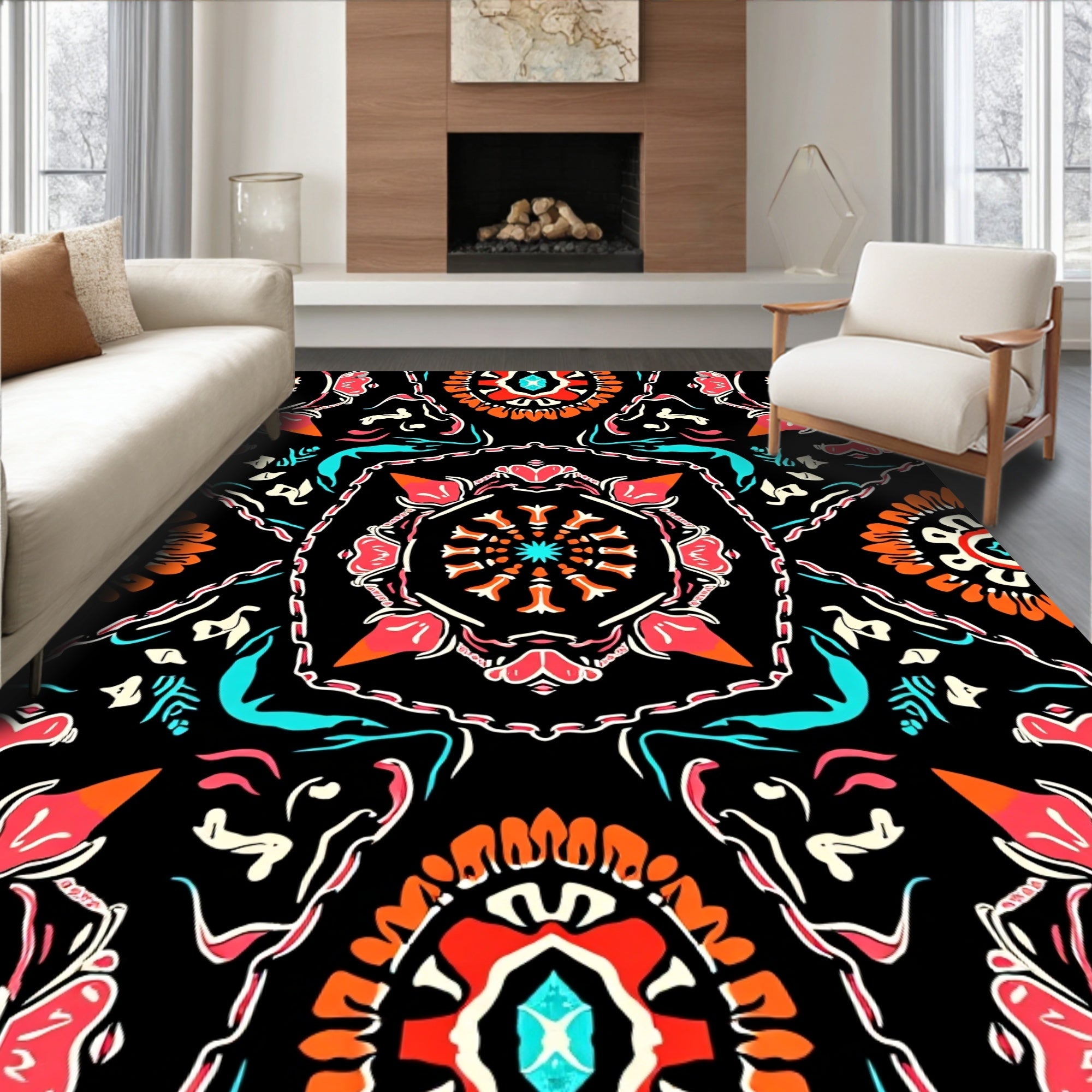 Bold Orange Flower And Teal Design Rug