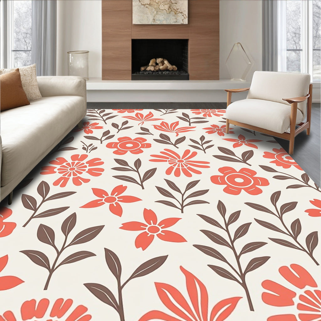 Coral Floral Leaf Pattern Rug