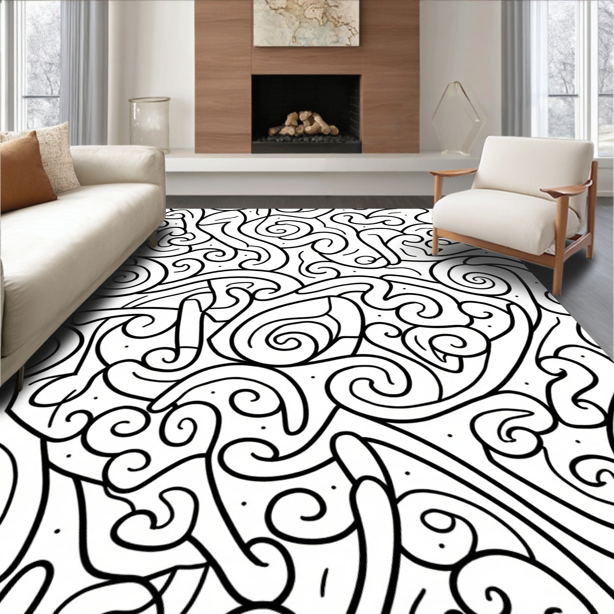 Abstract Black White Swirl Pattern Rug