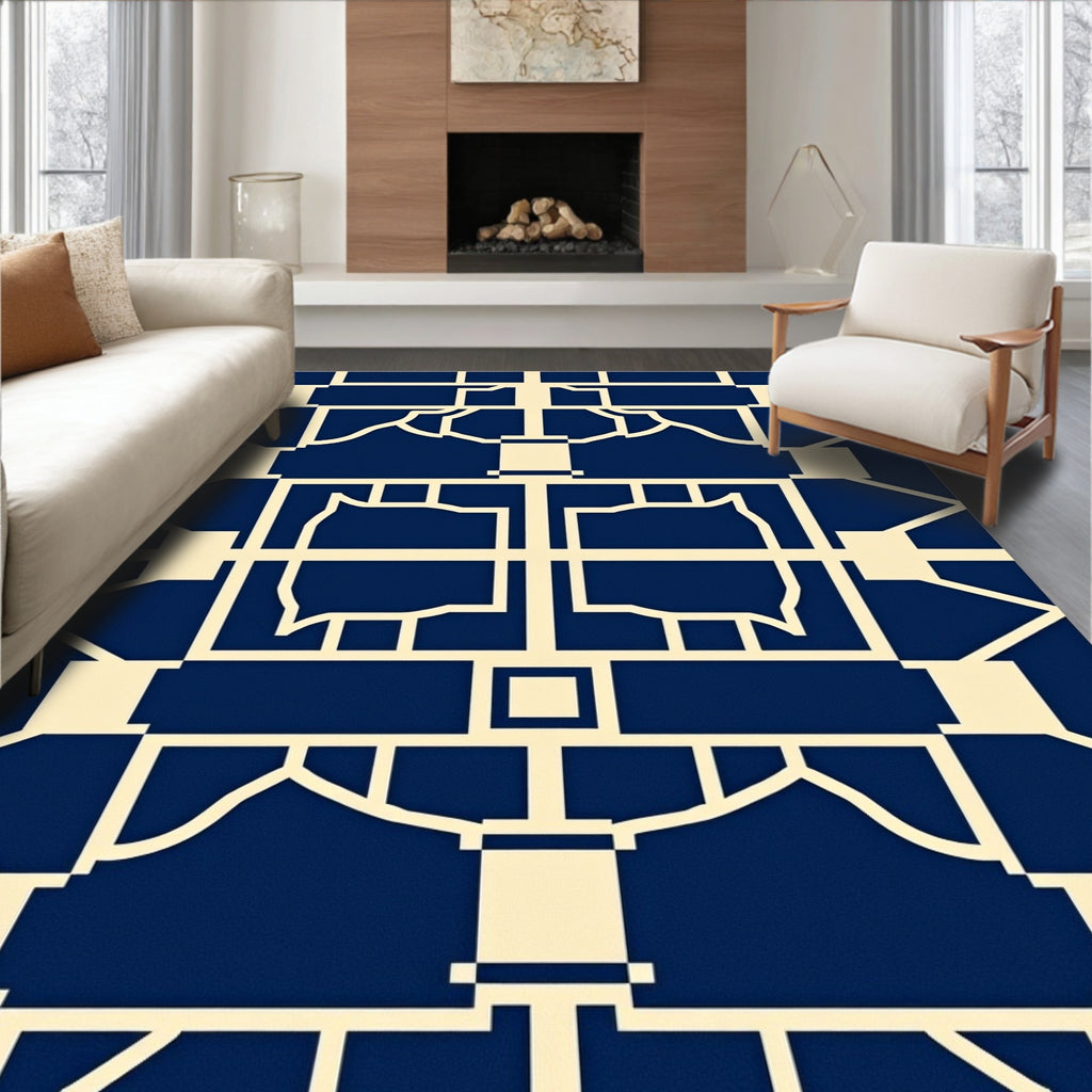 Deep Blue Geometric Garden Lattice Rug