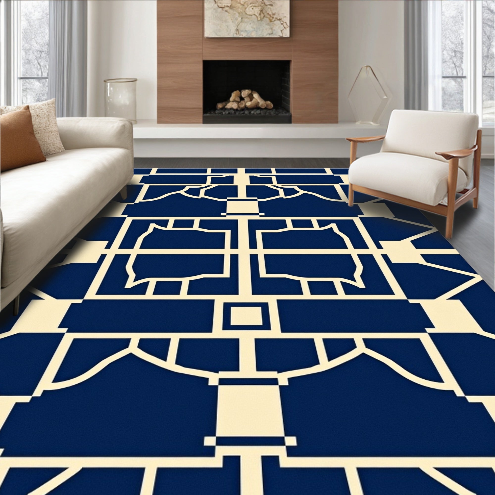 Deep Blue Geometric Garden Lattice Rug