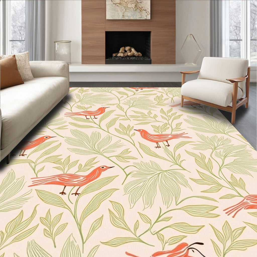 Coral Birds With Green Foliage Pattern Rug