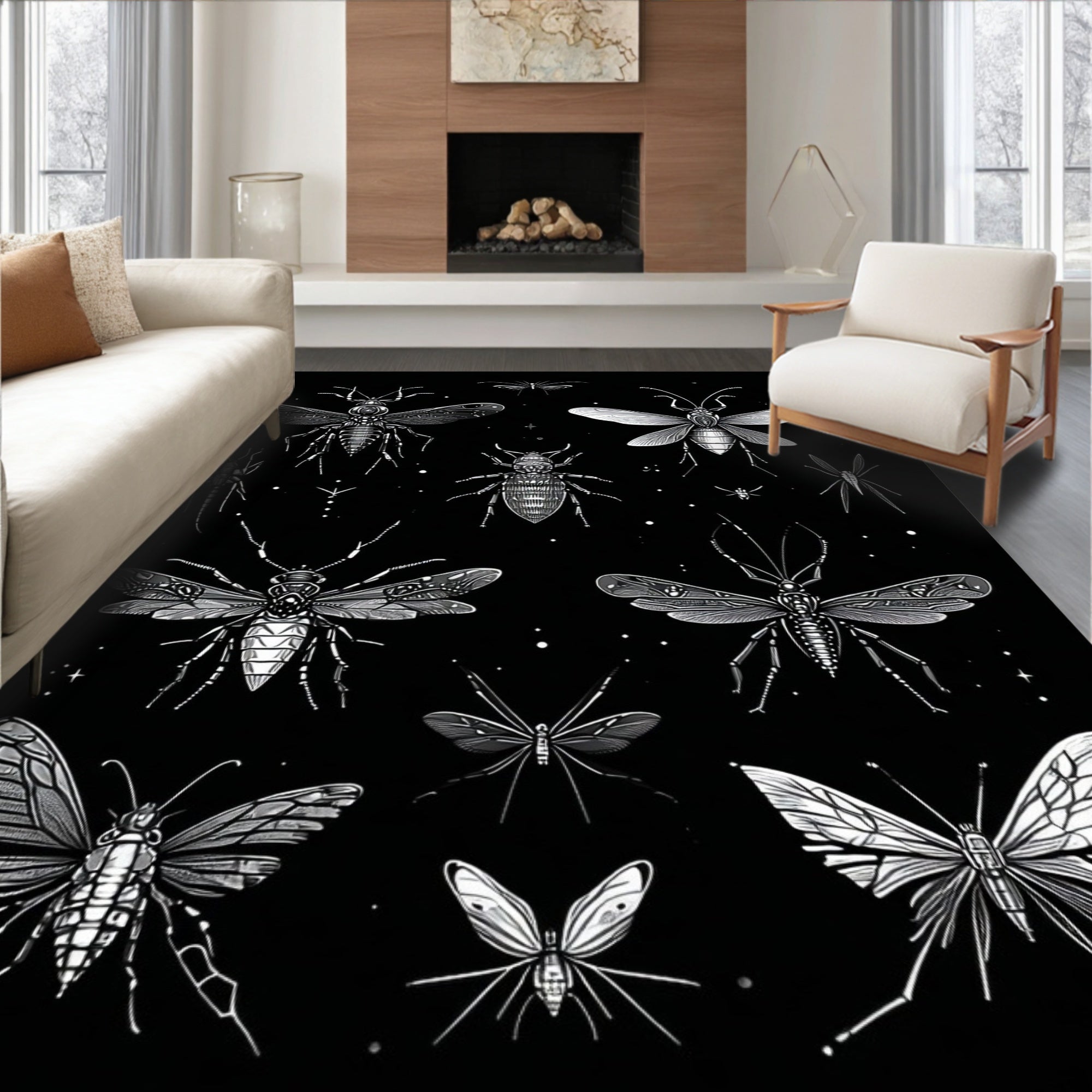 Insect Collection In Black White Rug