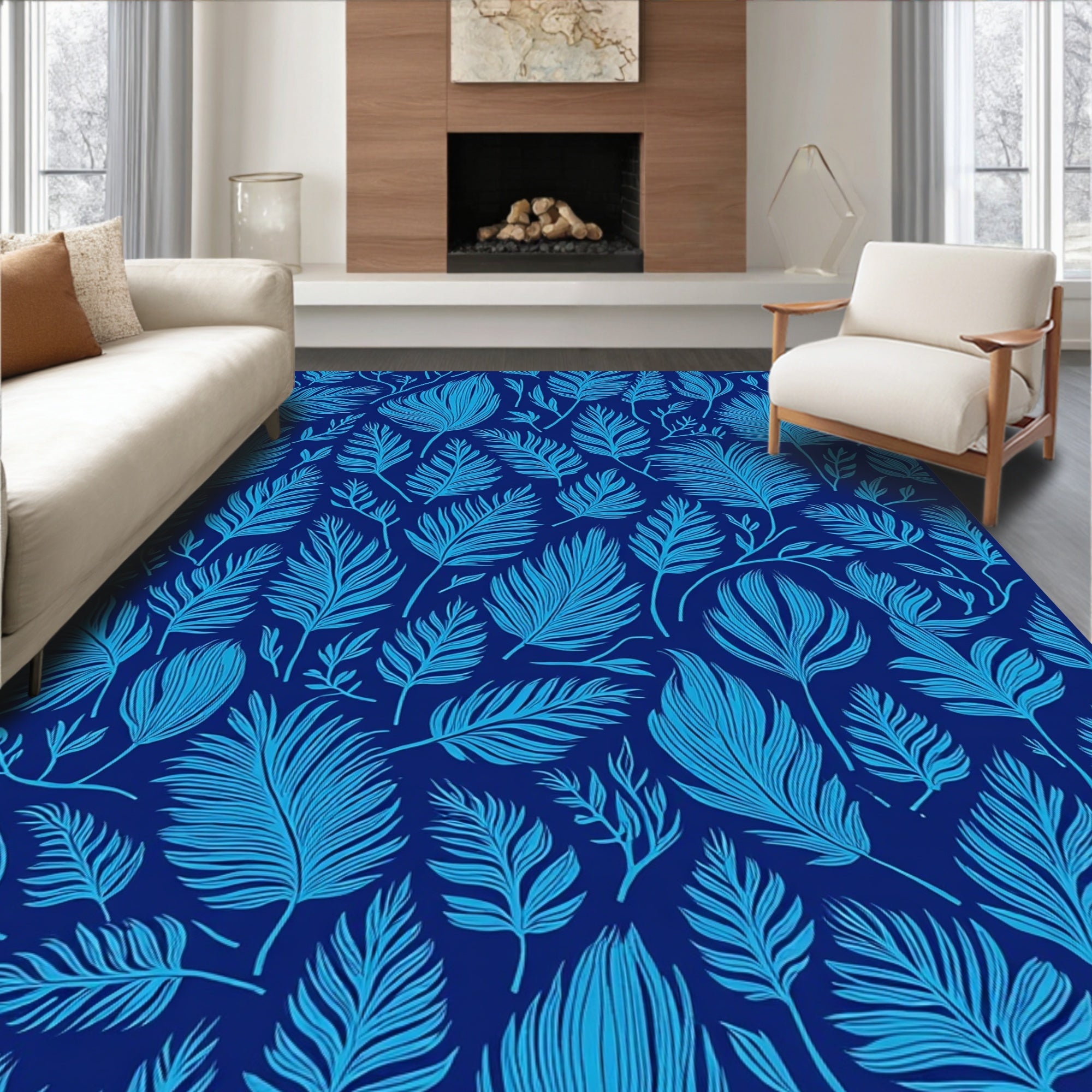 Shades of Blue Leaf Pattern Design Rug