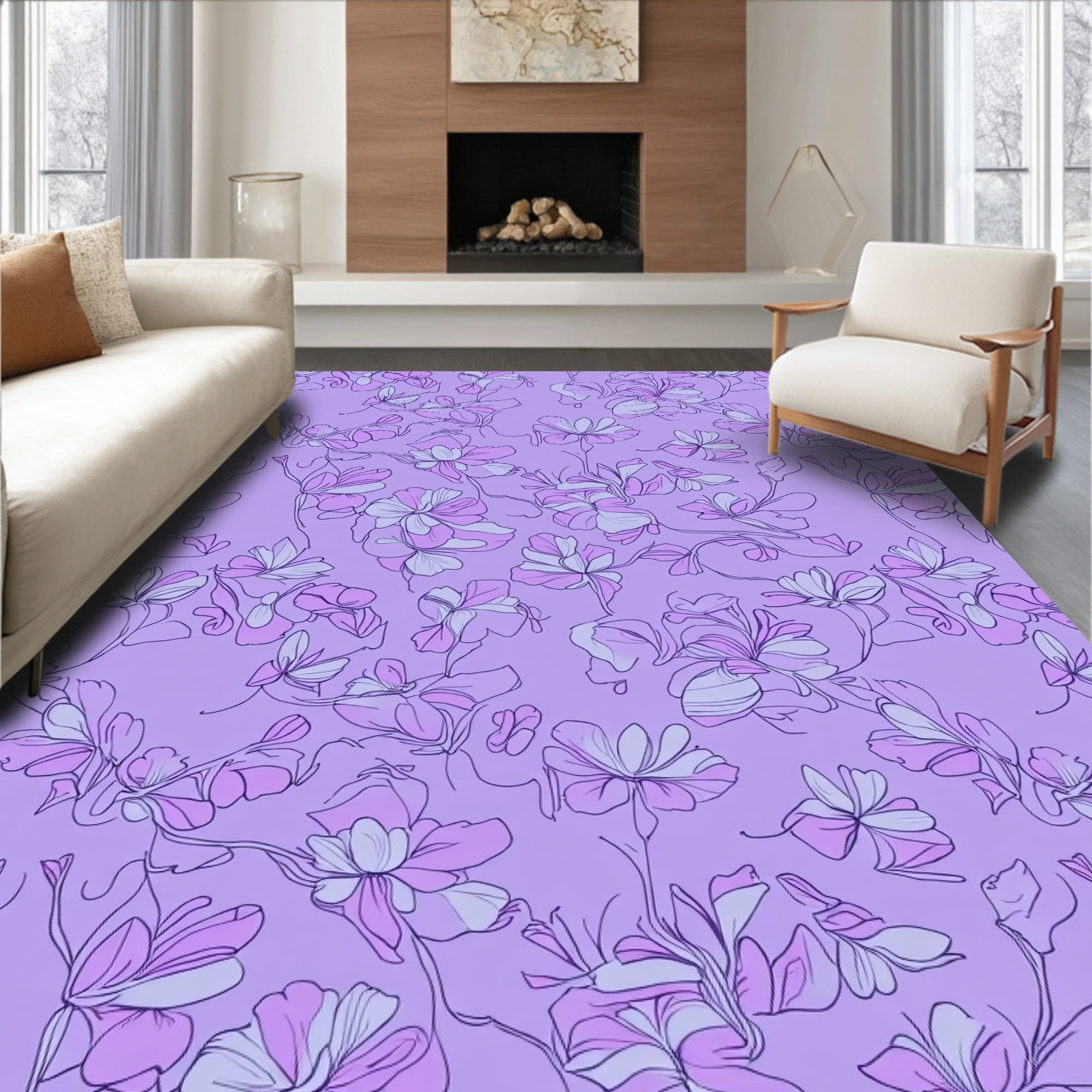 Delicate Floral Outline Lavender Print Rug