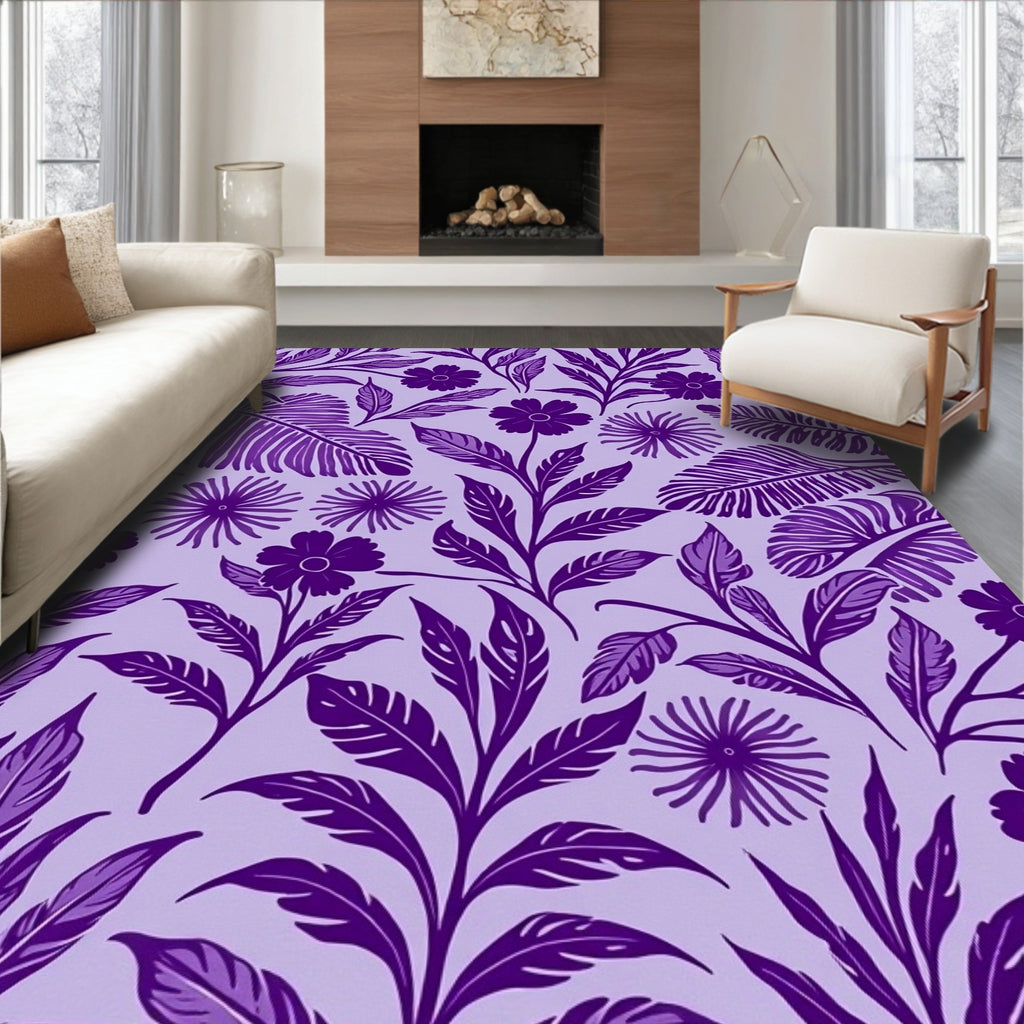 Purple Floral Leaf Pattern Rug