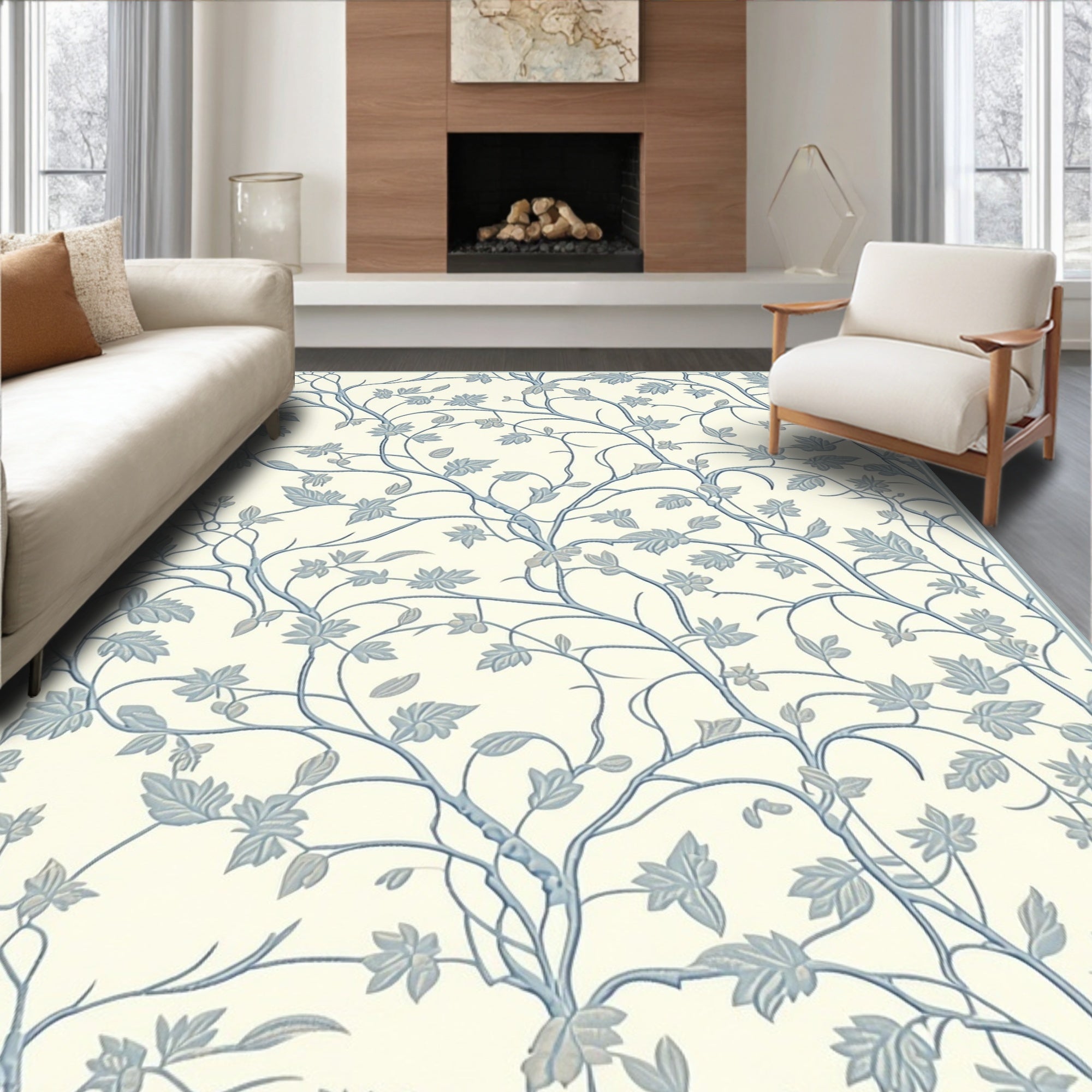 Blue Leaf Vine Pattern Rug