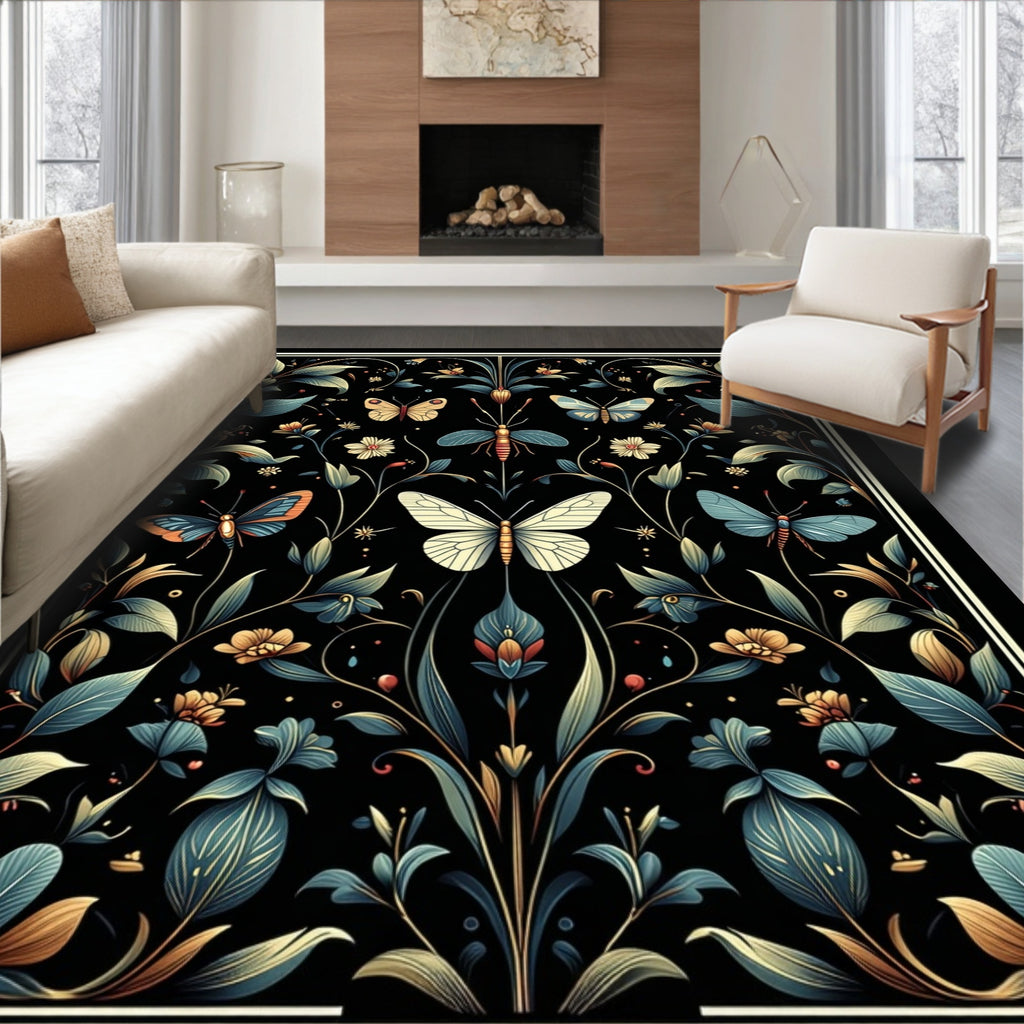 Dark Floral Butterfly Pattern Design Rug