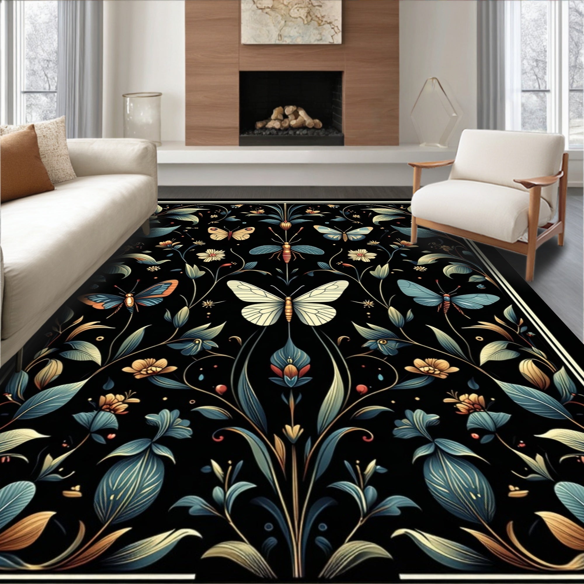 Dark Floral Butterfly Pattern Design Rug