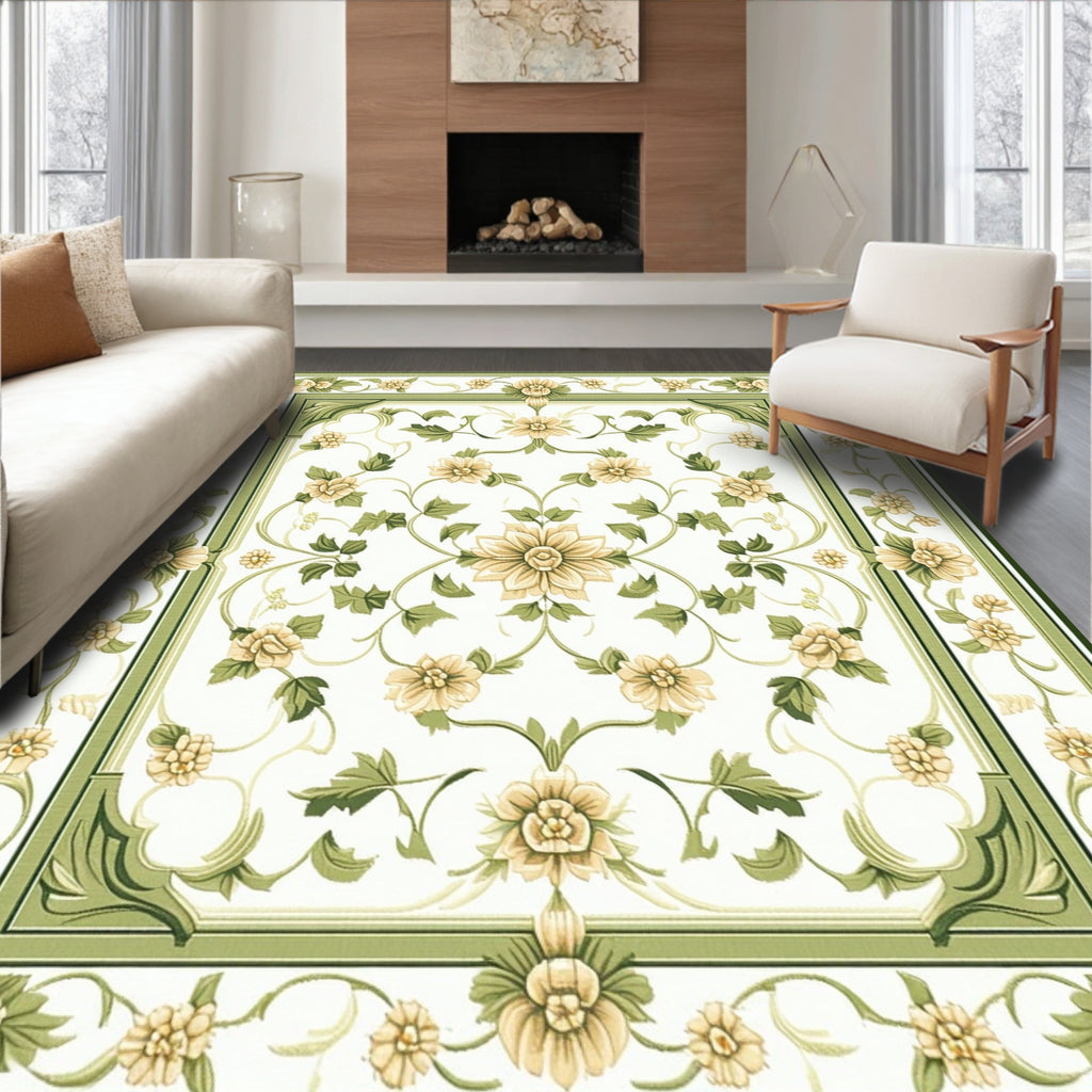 Elegant Cream Green Floral Vine Rug