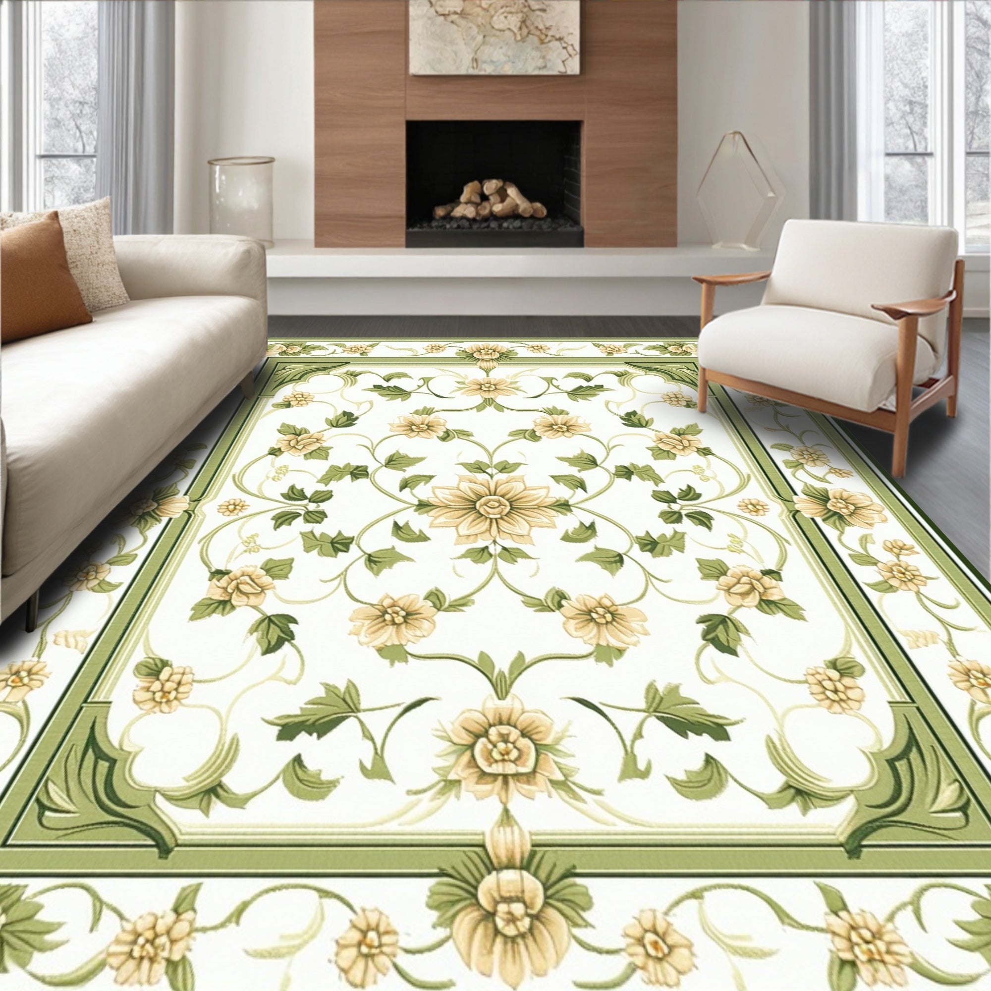Elegant Cream Green Floral Vine Rug