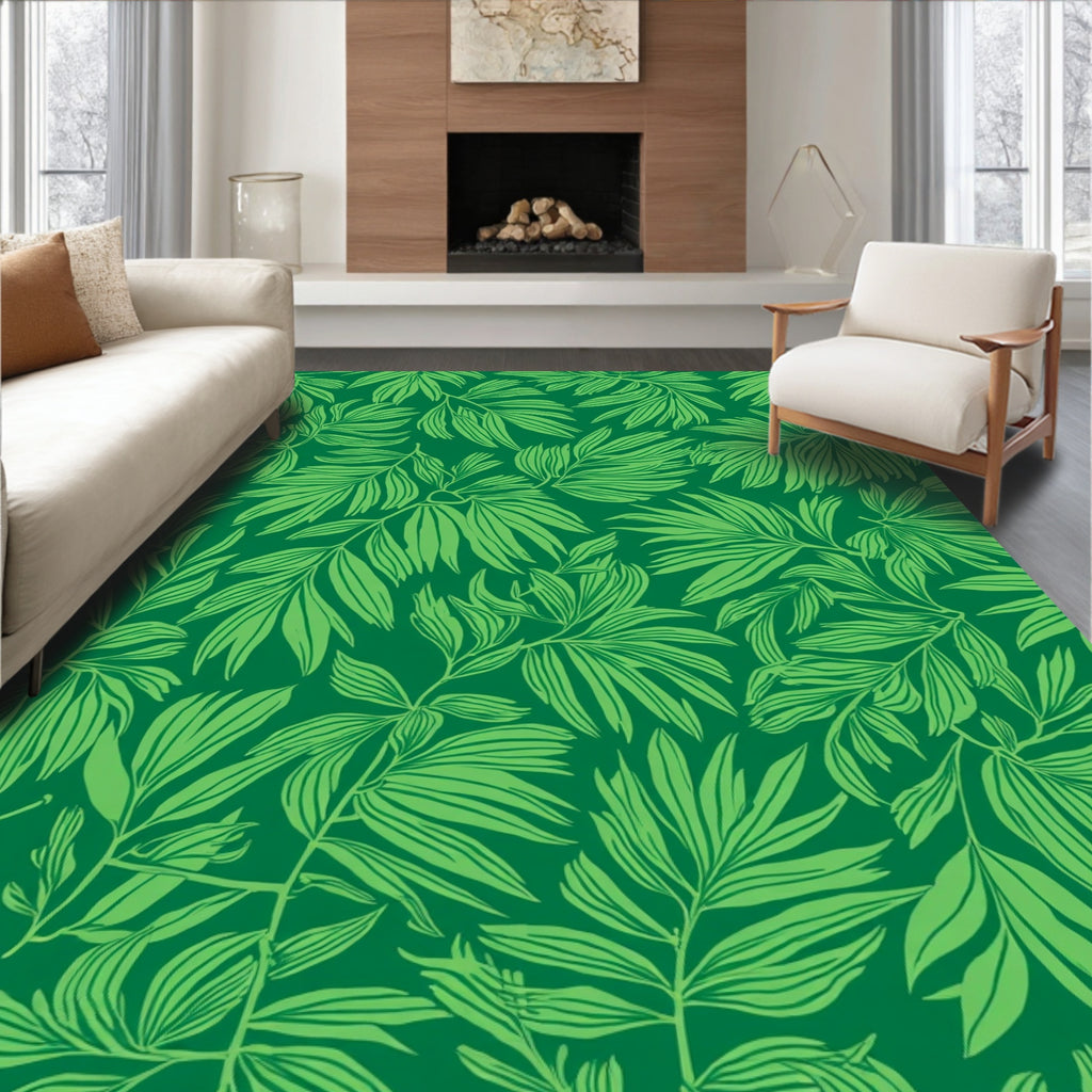 Vibrant Green Leafy Pattern Rug