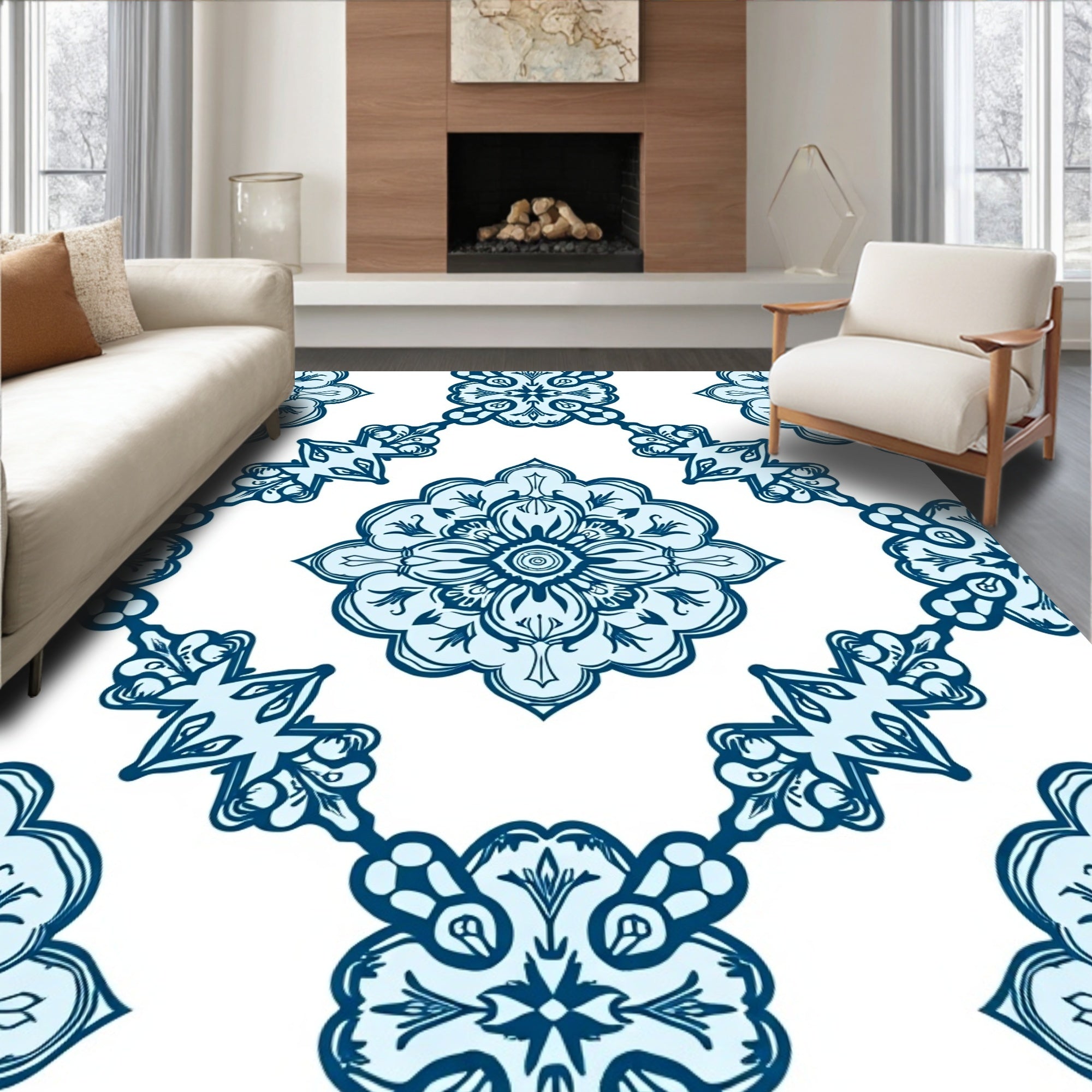 Classic Blue Floral Medallion Pattern Rug