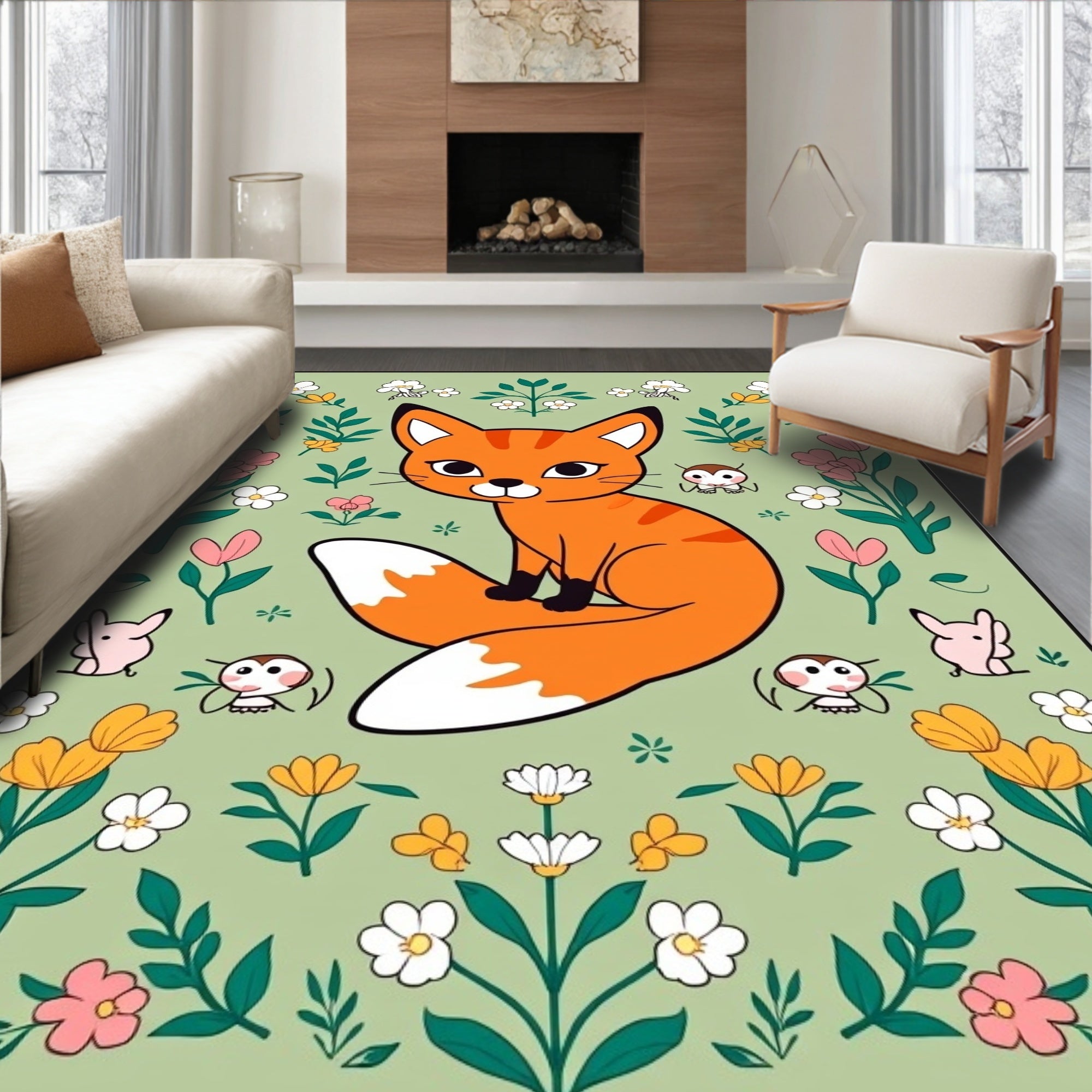 Playful Fox Floral Whimsical Design Rug