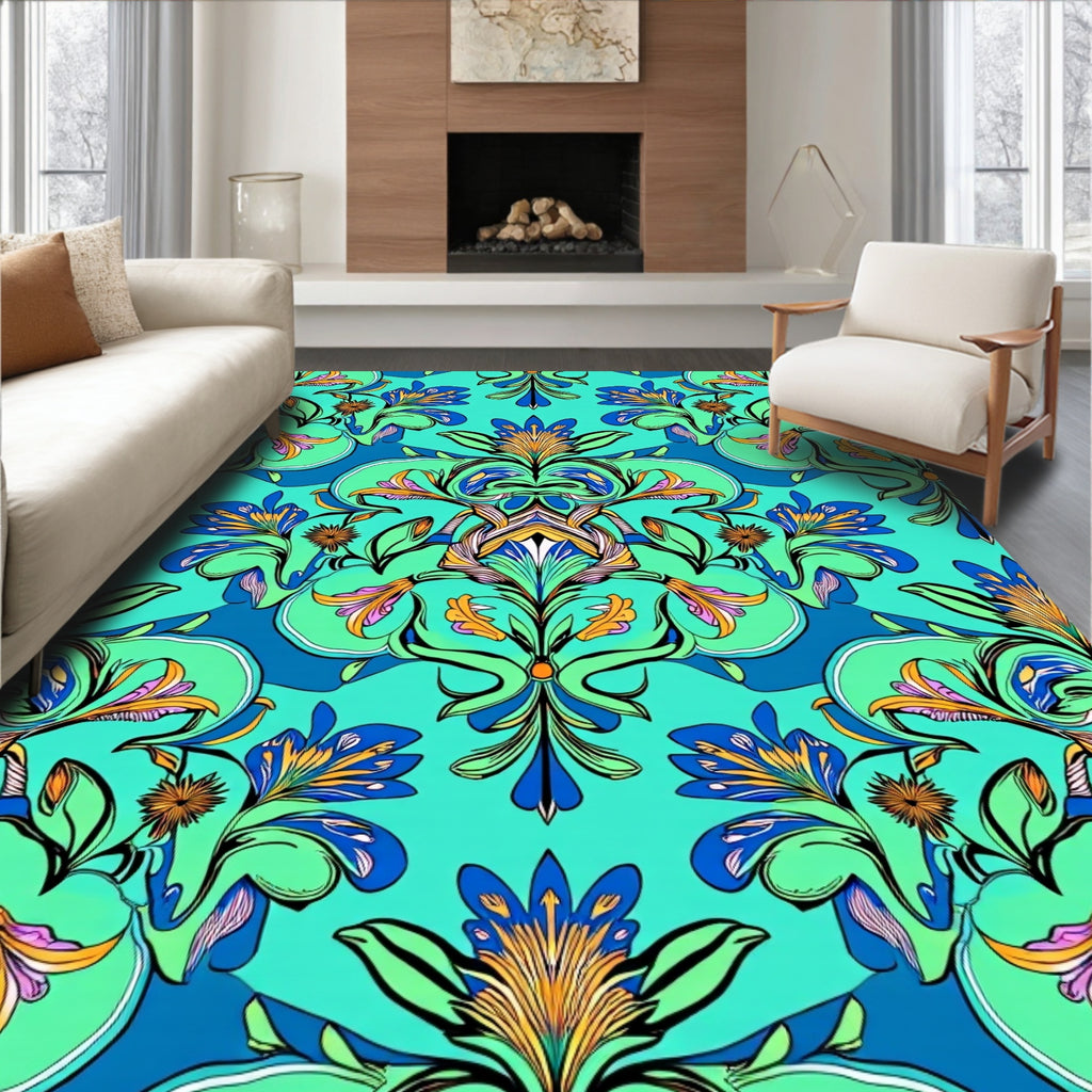 Vibrant Floral Symmetry Aquatic Design Rug
