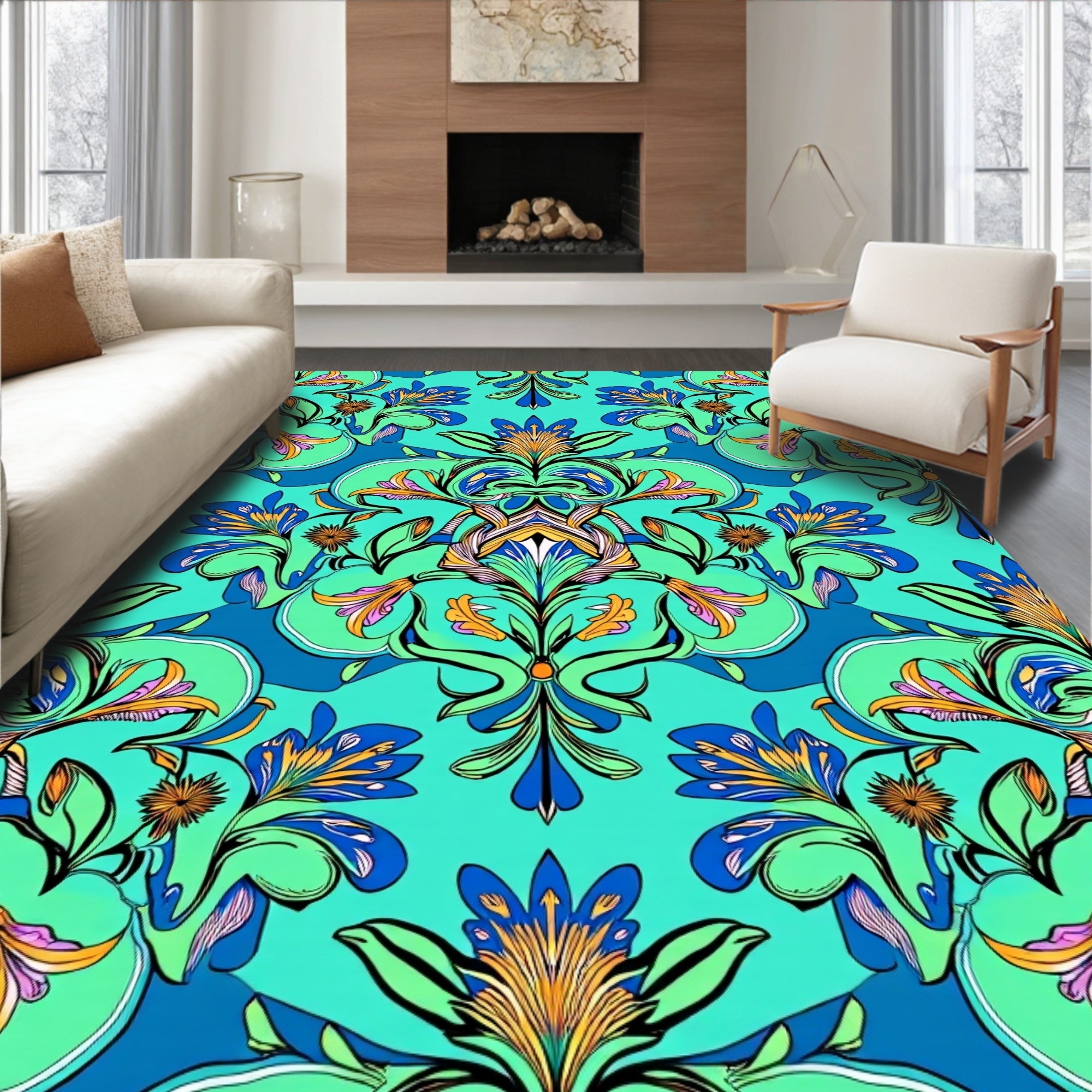 Vibrant Floral Symmetry Aquatic Design Rug