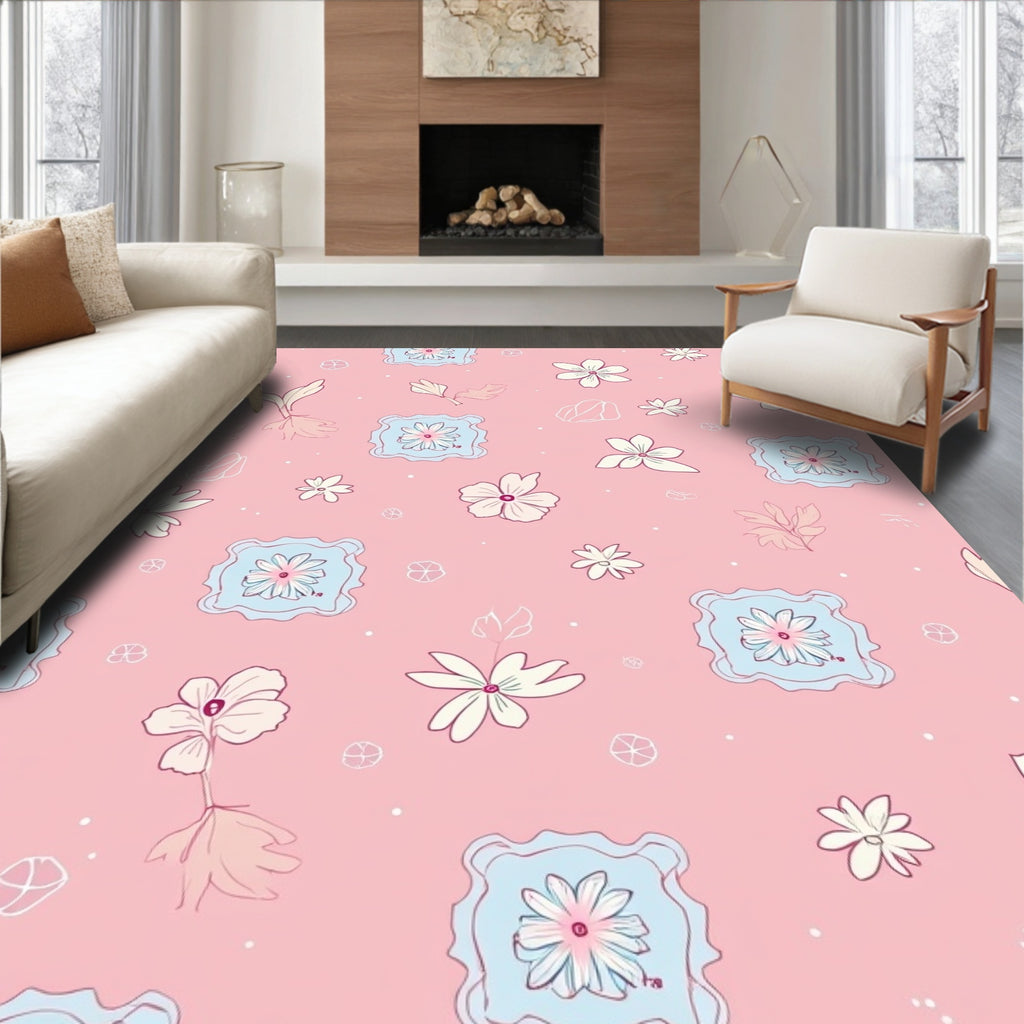 Pink Floral Garden Illustration Rug