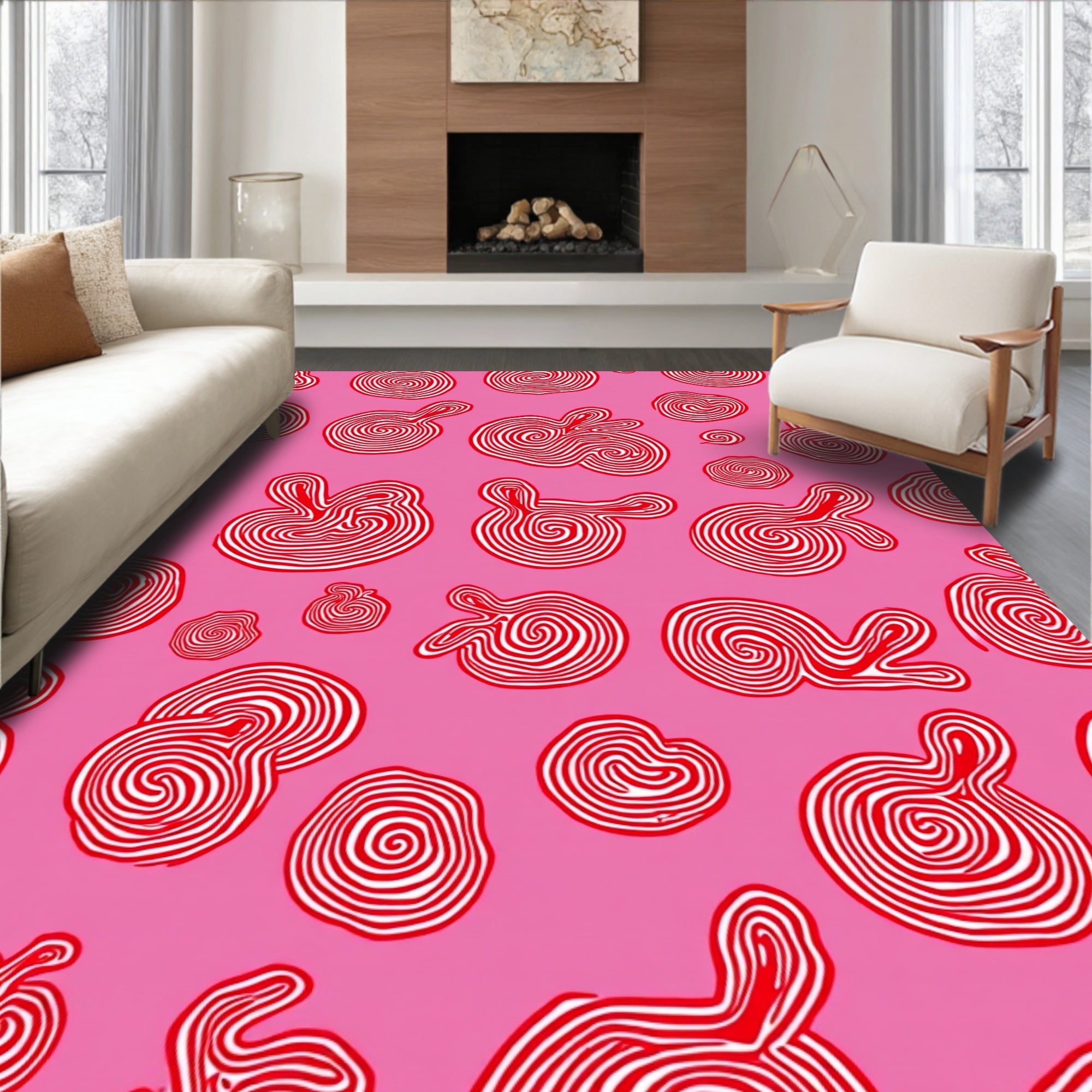 Whimsical Red Swirl Abstract Forms Rug