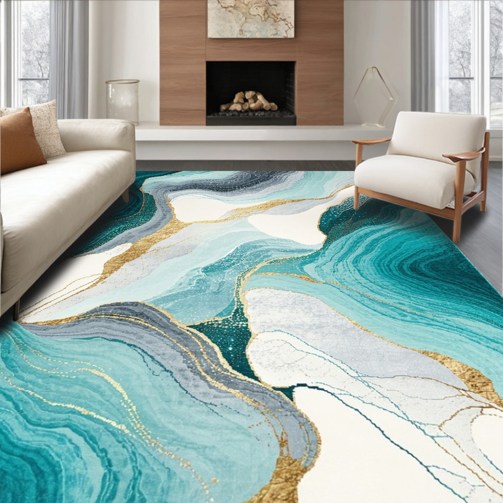 Abstract Teal Gold Marble Waves Rug