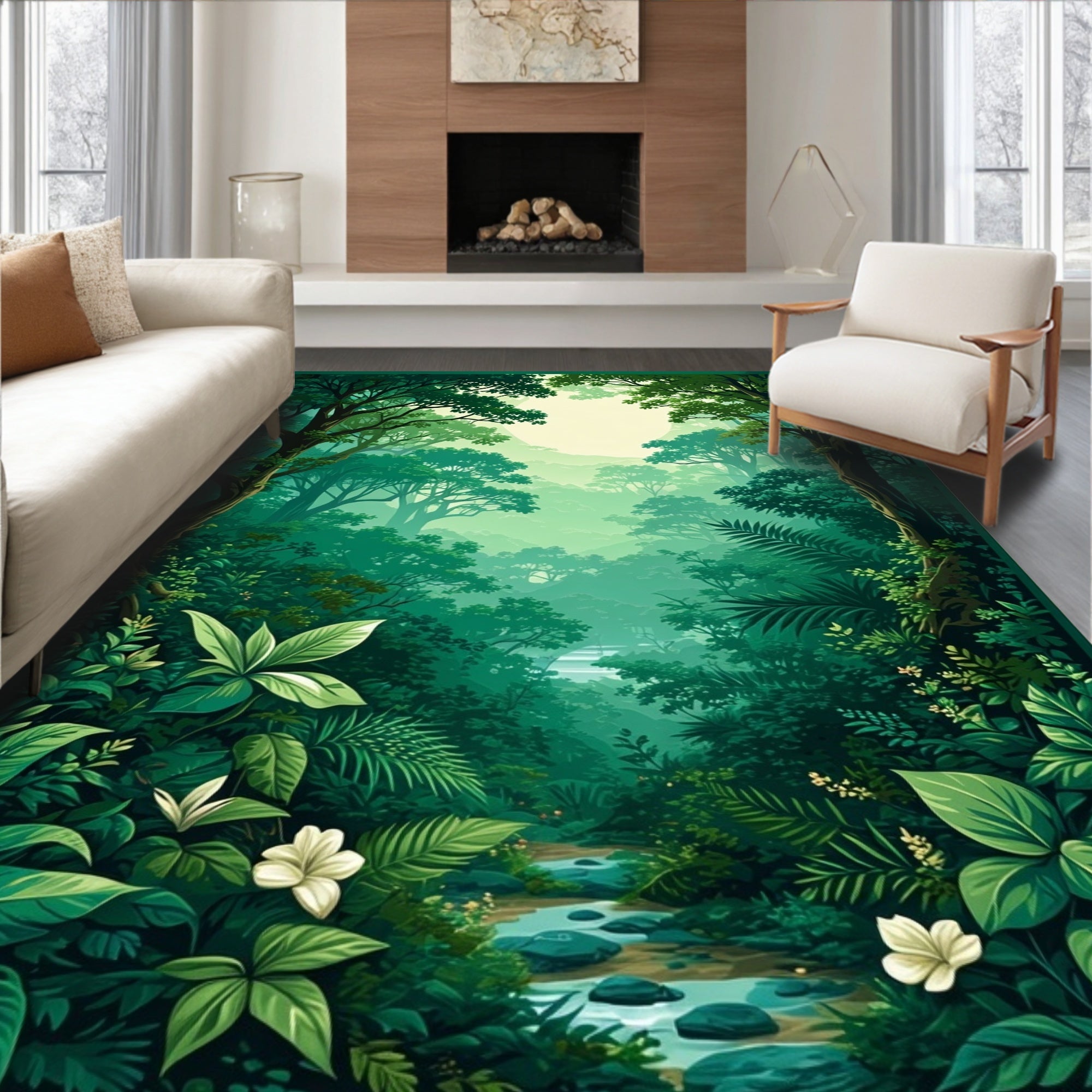 Lush Green Forest River Landscape Rug