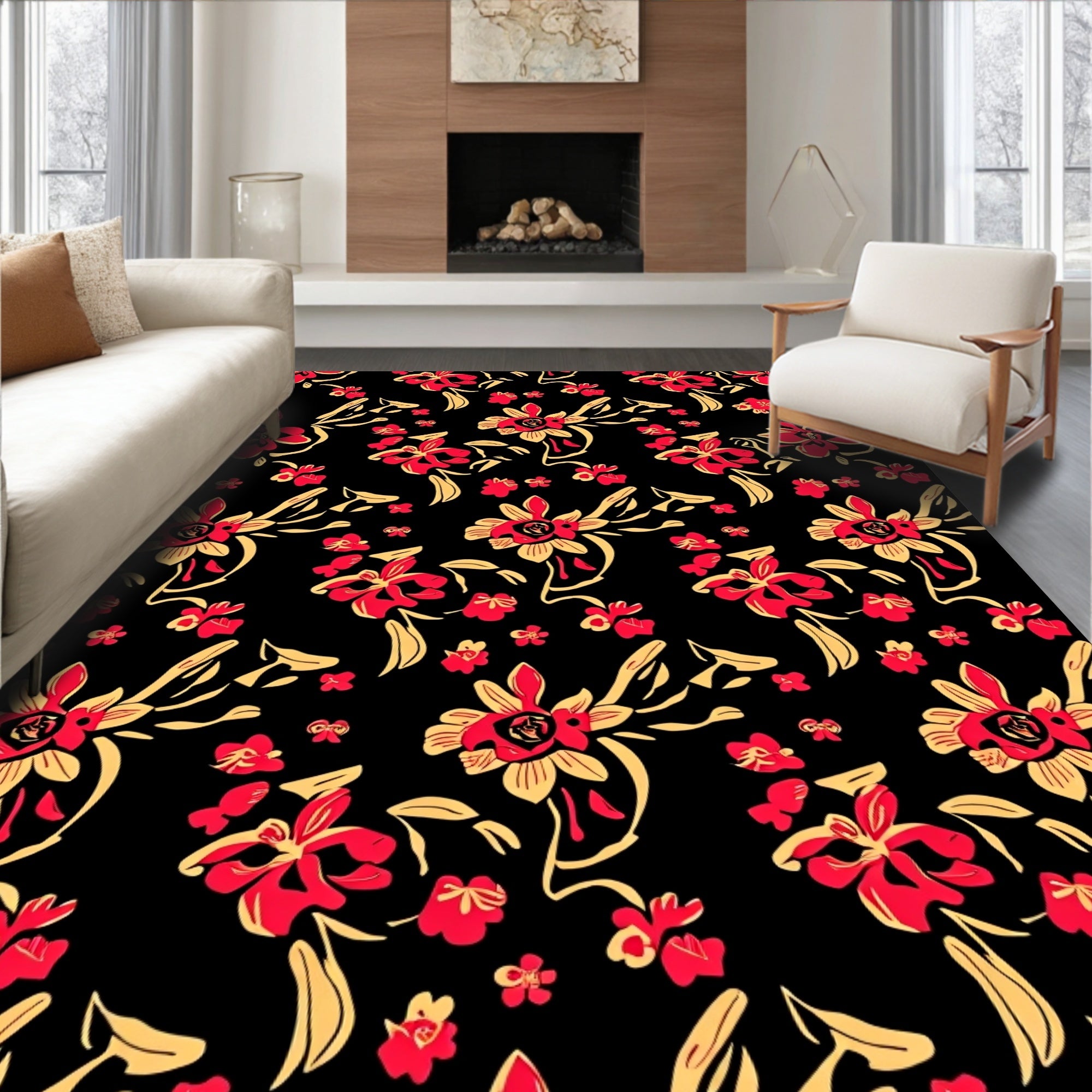 Red Yellow Floral Branches Pattern Rug
