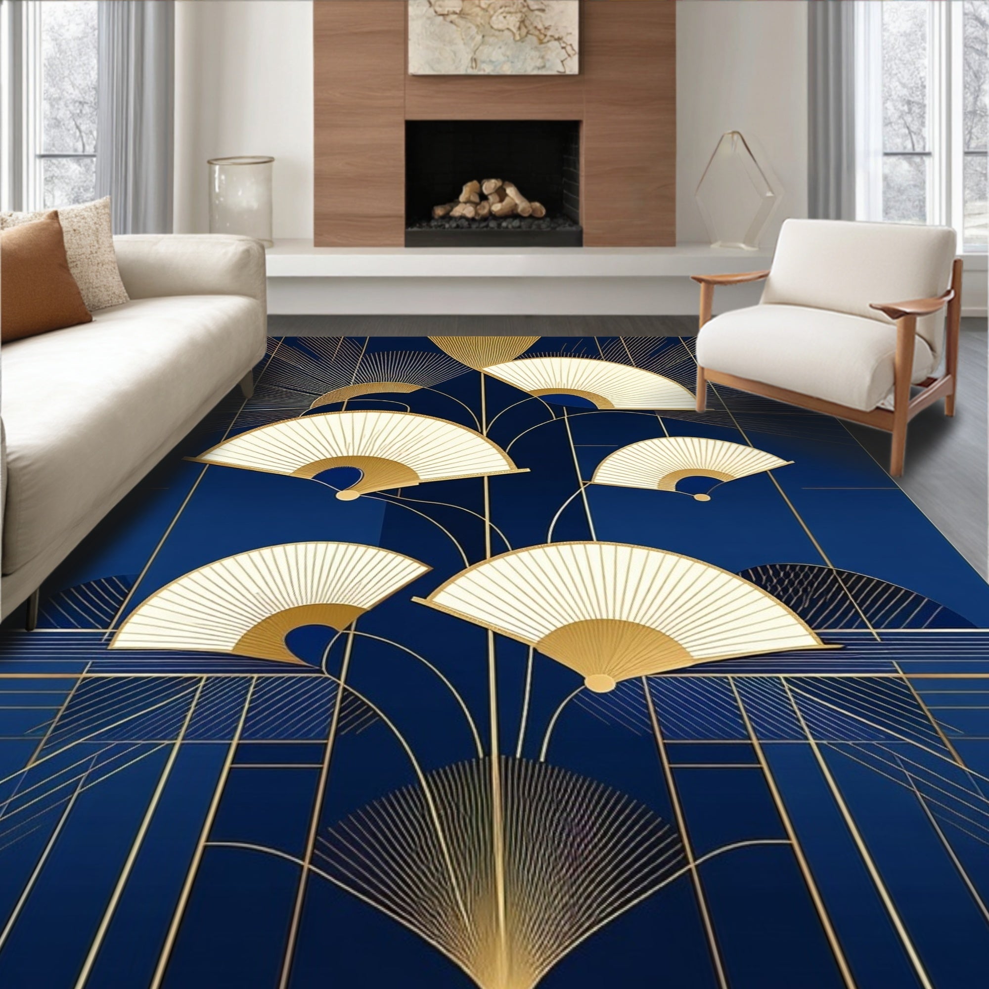 Art Deco Gold Fans On Navy Canvas Rug