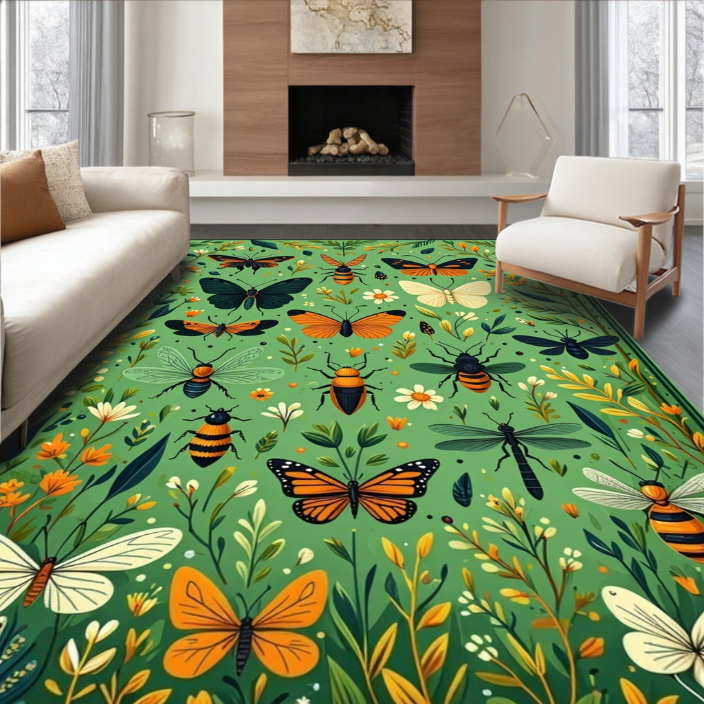 Whimsical Insect and Floral Nature Design Rug