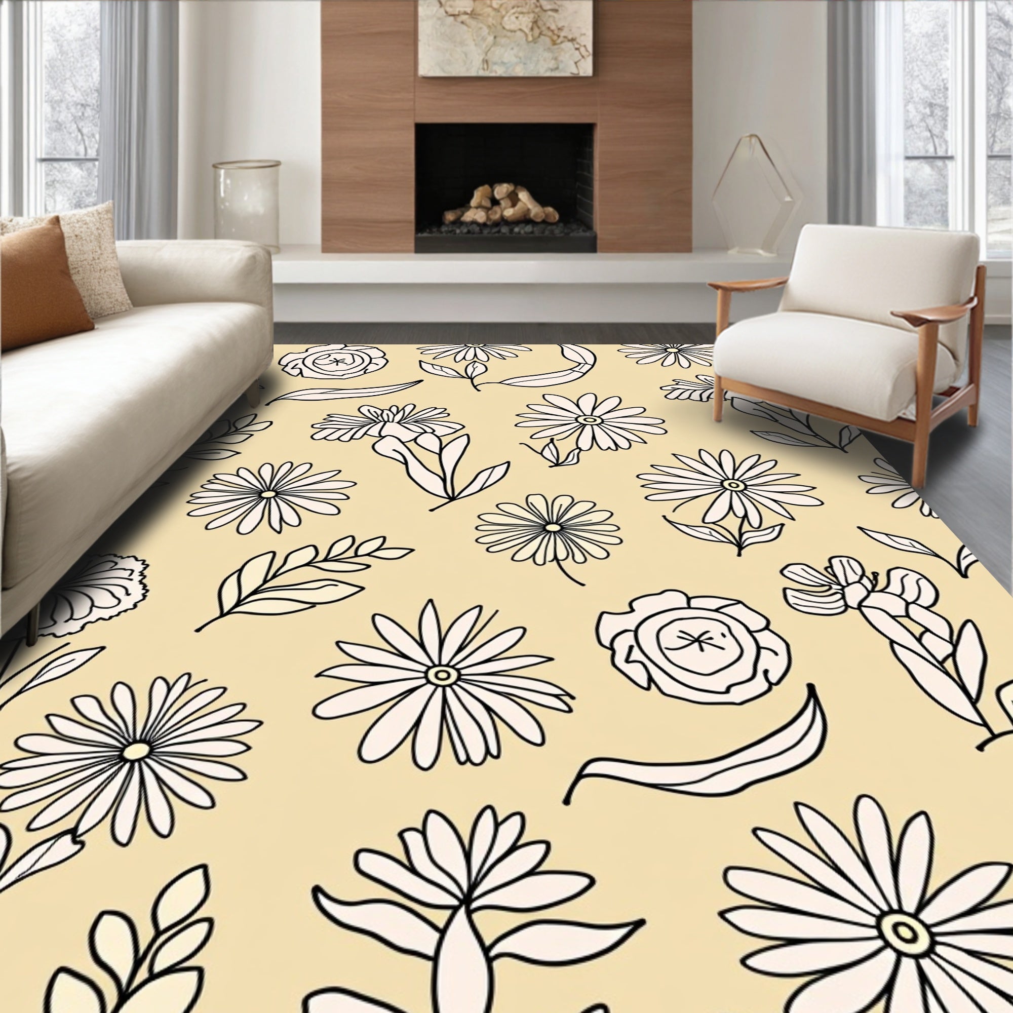 Delicate Floral Outline Pattern Design Rug