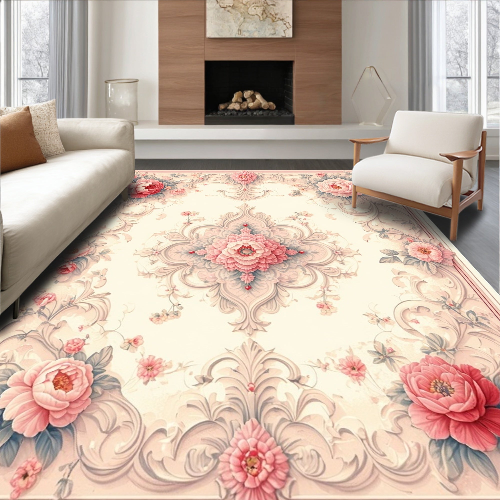 Elegant Floral Rococo Pattern Rug