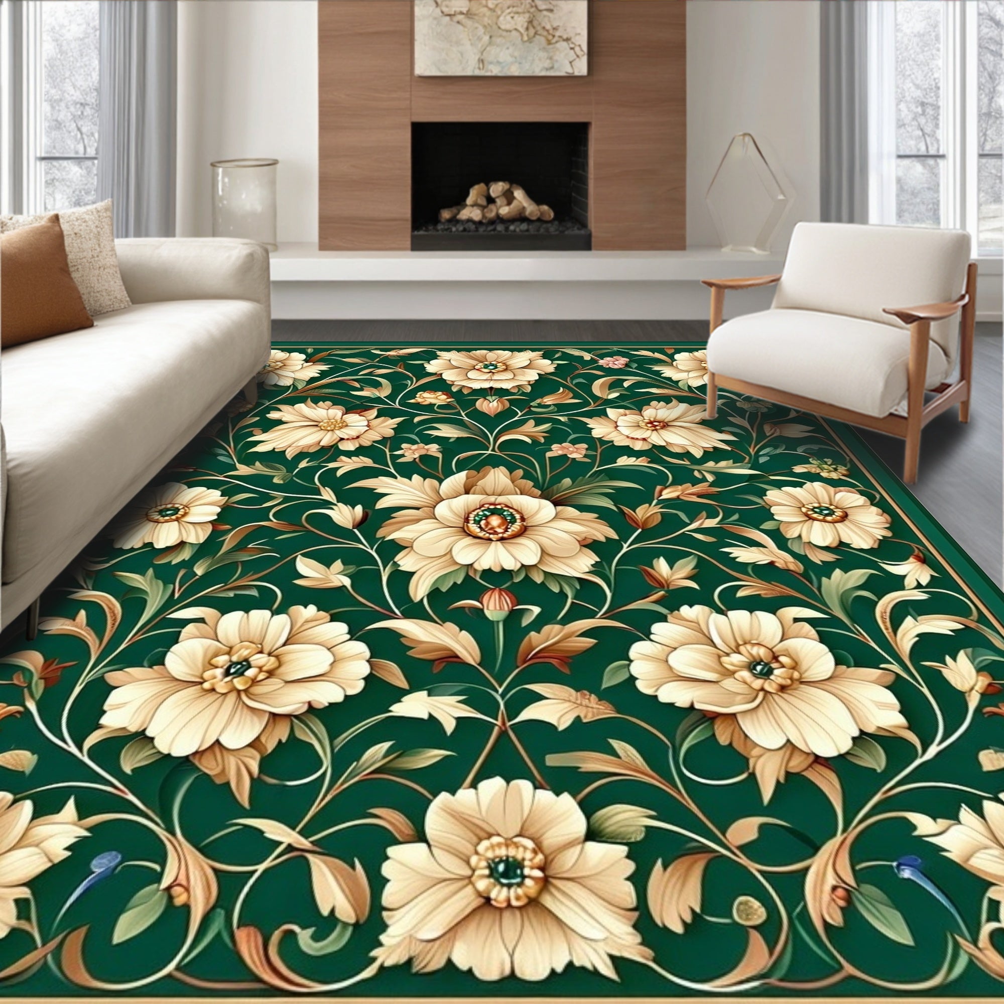 Cream Floral Vines Garden Pattern Rug