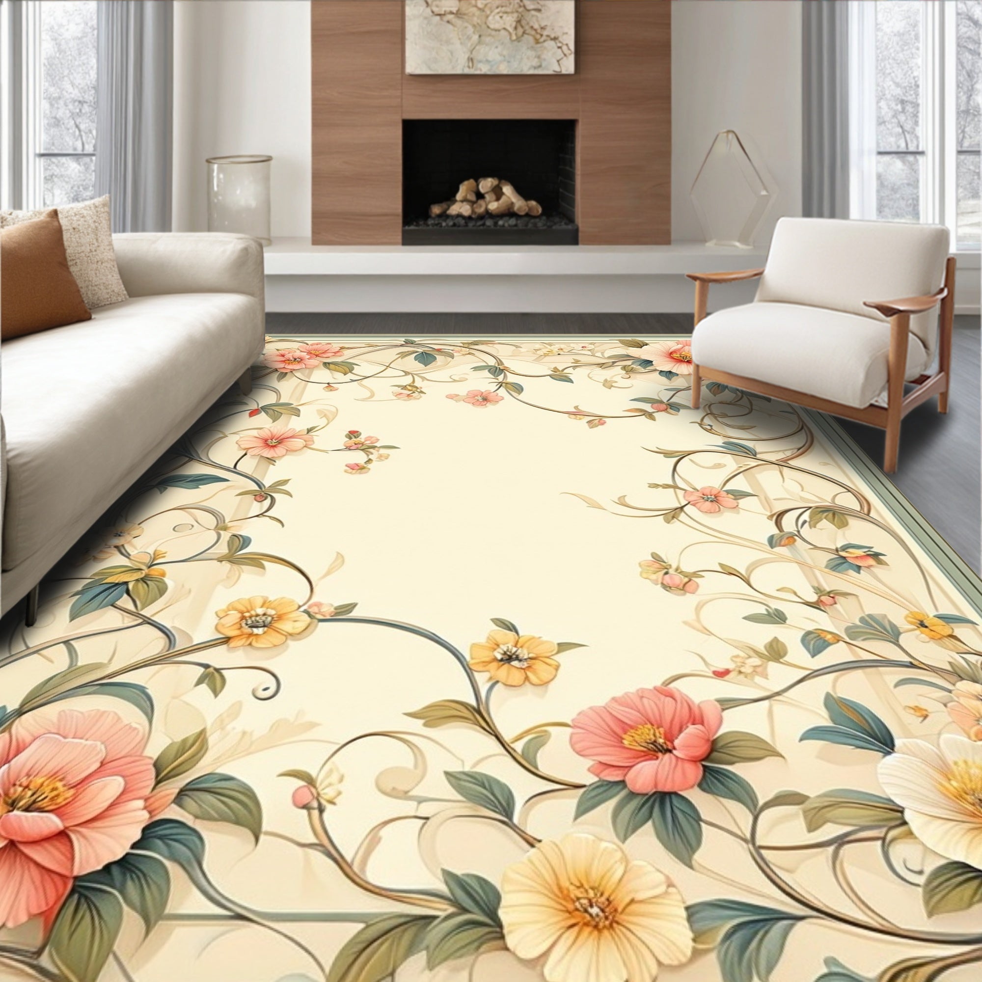 Pastel Floral Vine Scroll Design Rug