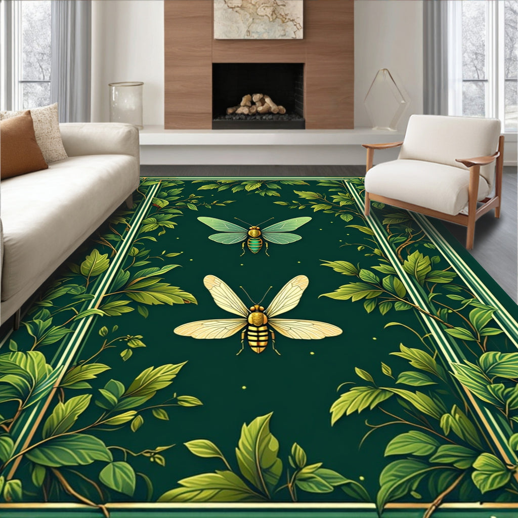 Green Floral With 2 Insects Art Rug