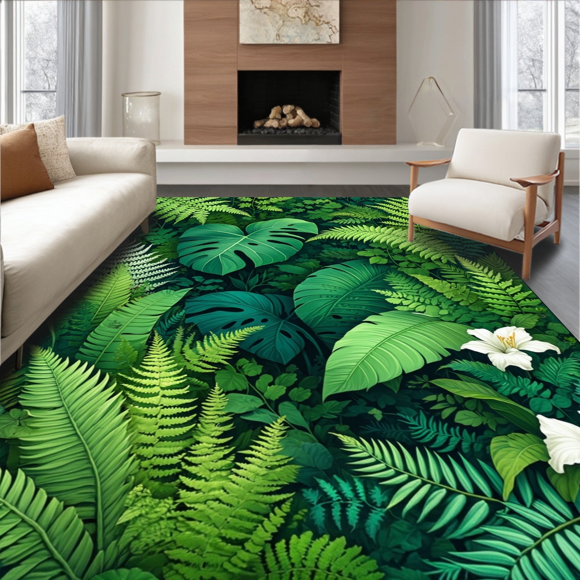 Lush Botanical Garden Leaf Pattern Rug