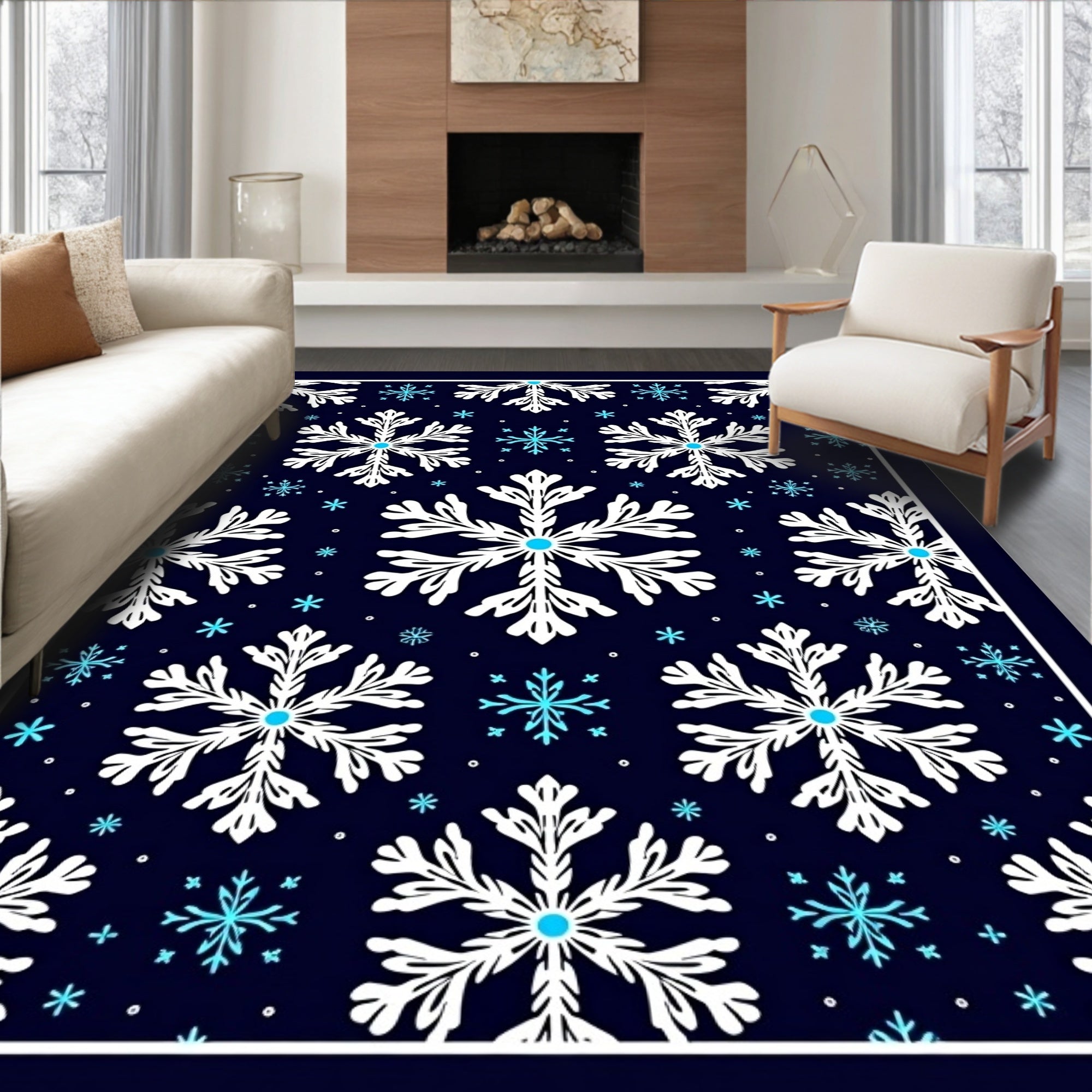 White Snowflake Dark Blue Winter Rug