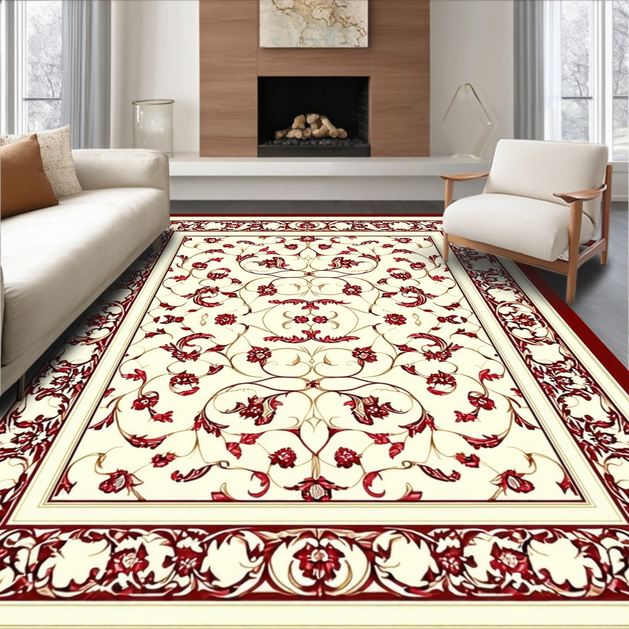 Red Vine Floral Cream Border Rug