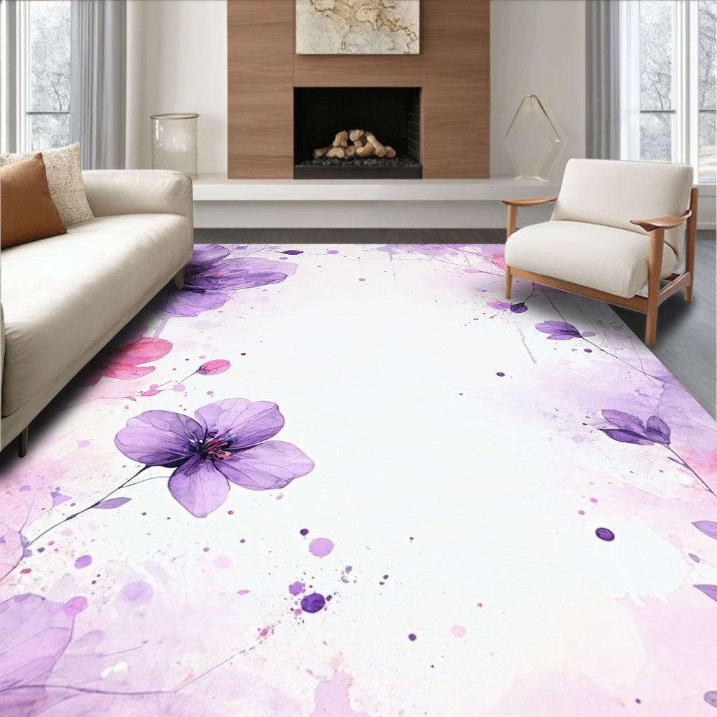 Delicate Purple Floral Watercolor Design Rug