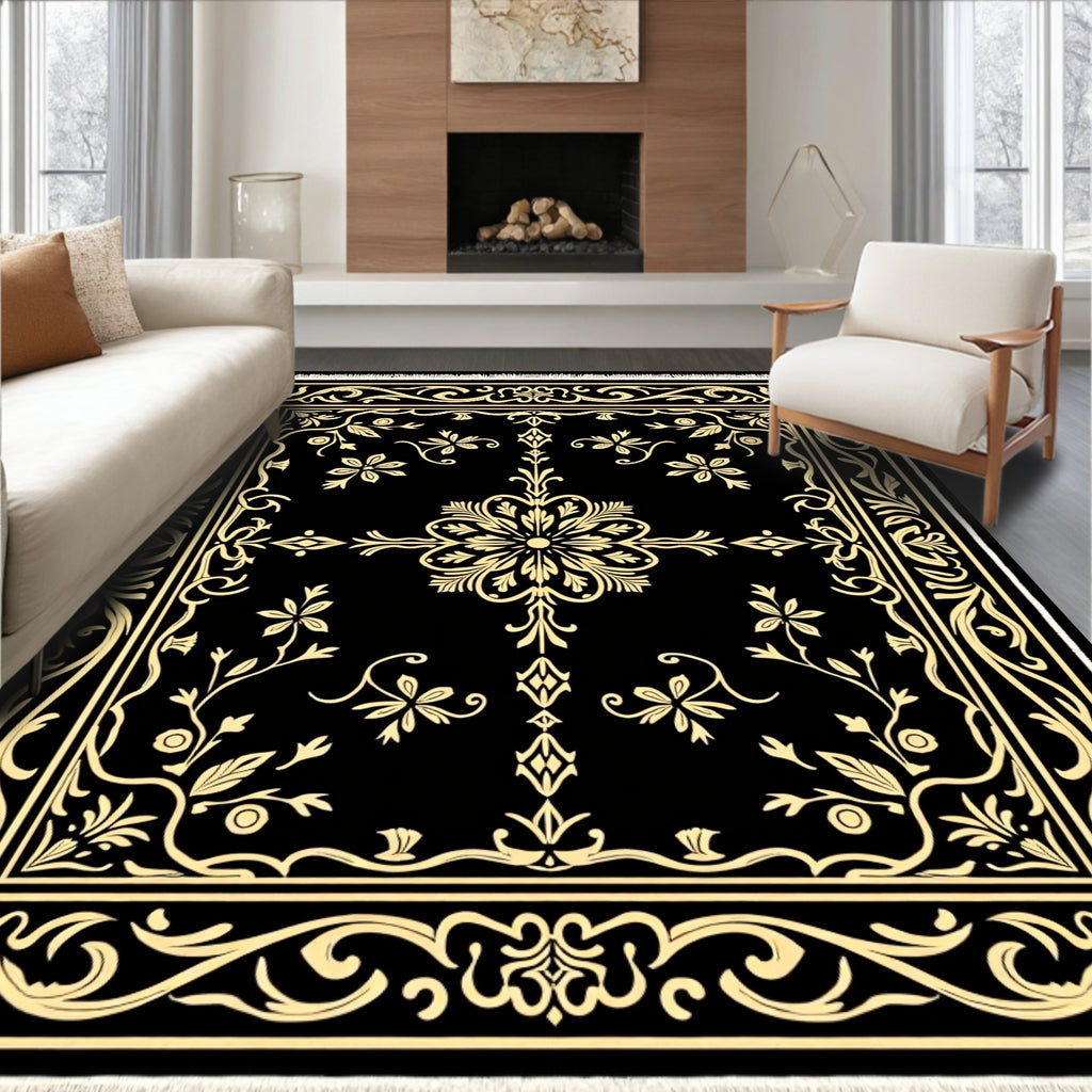 Black Gold Floral Vine Square Rug