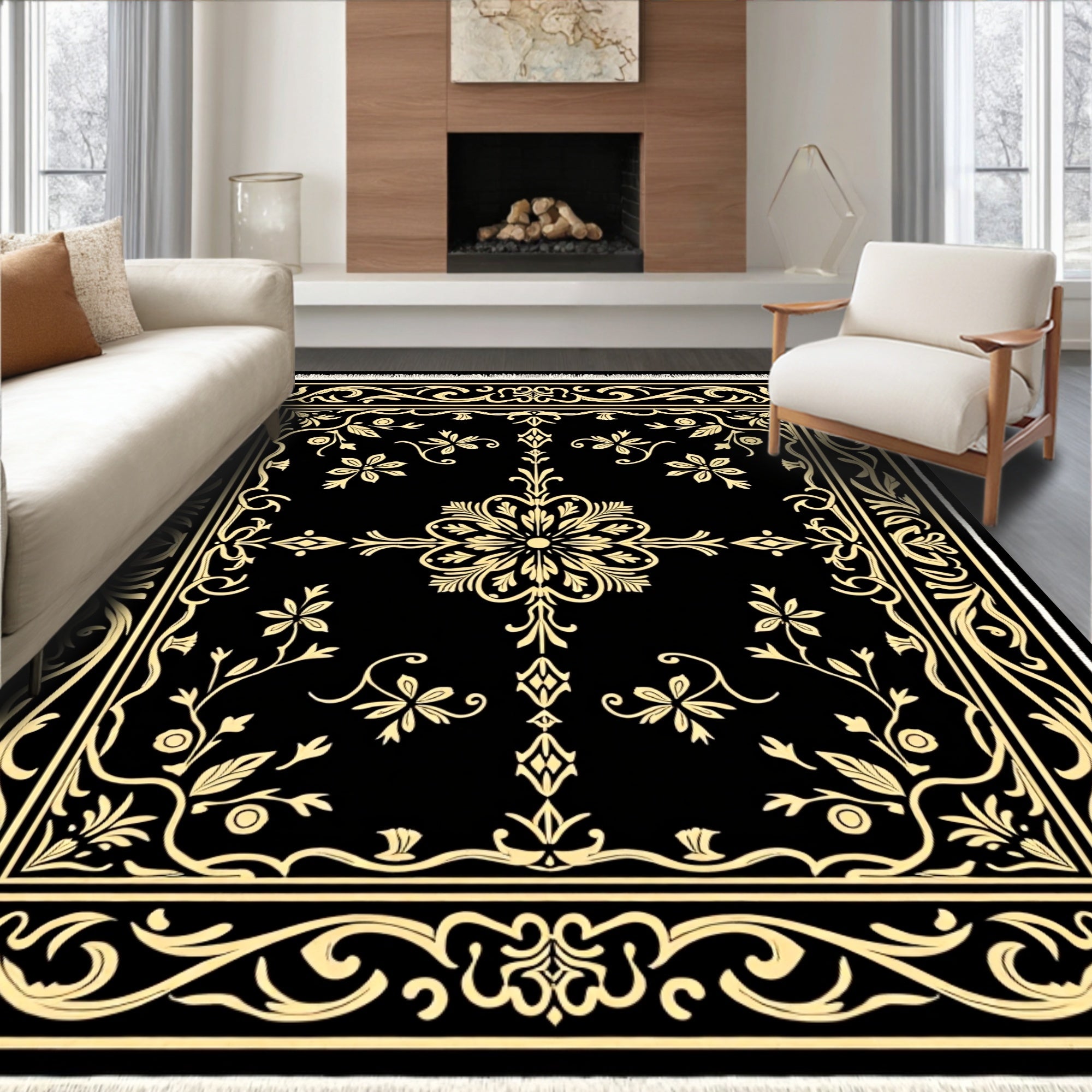 Black Gold Floral Vine Square Rug
