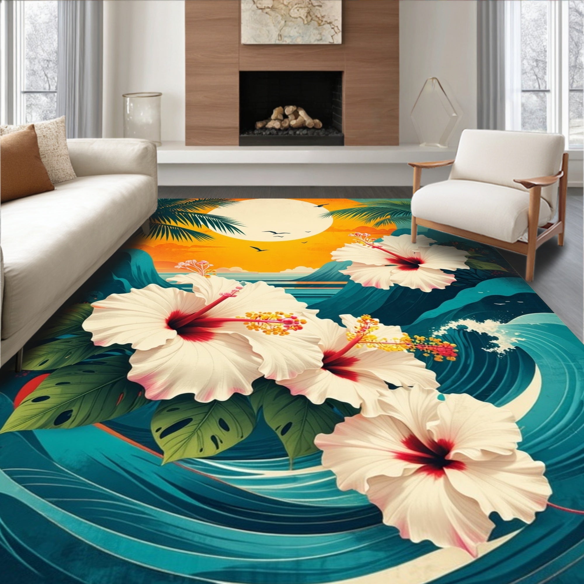 Tropical Hibiscus Floral Seaside Design Rug