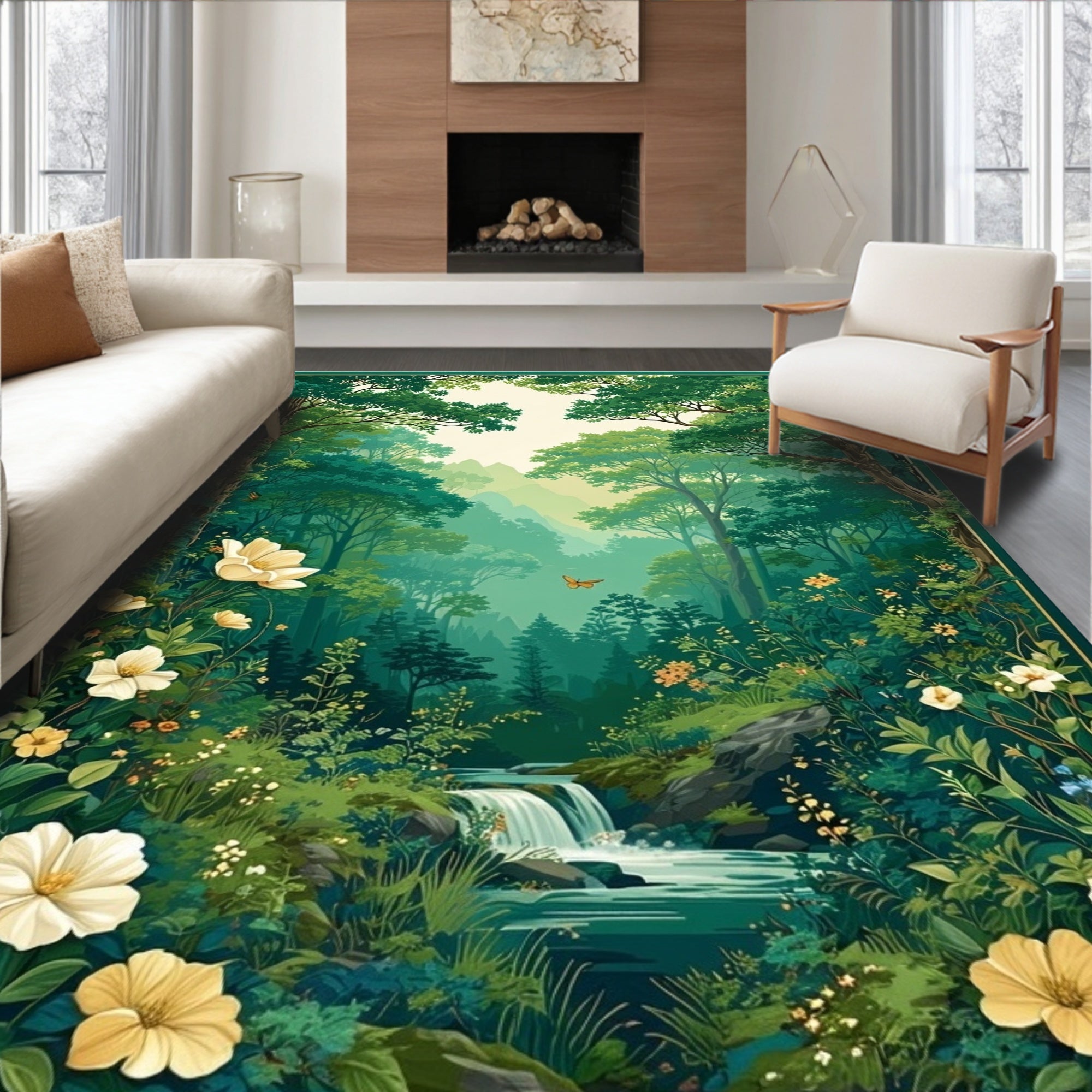 Enchanted Forest Waterfall floral Pattern Rug