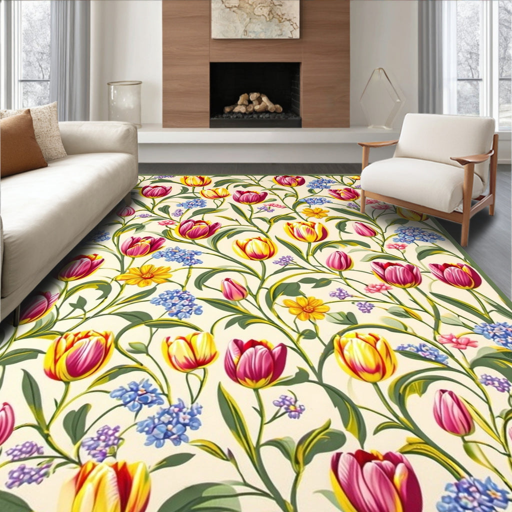 Vintage Floral Garden Tulip Design Rug