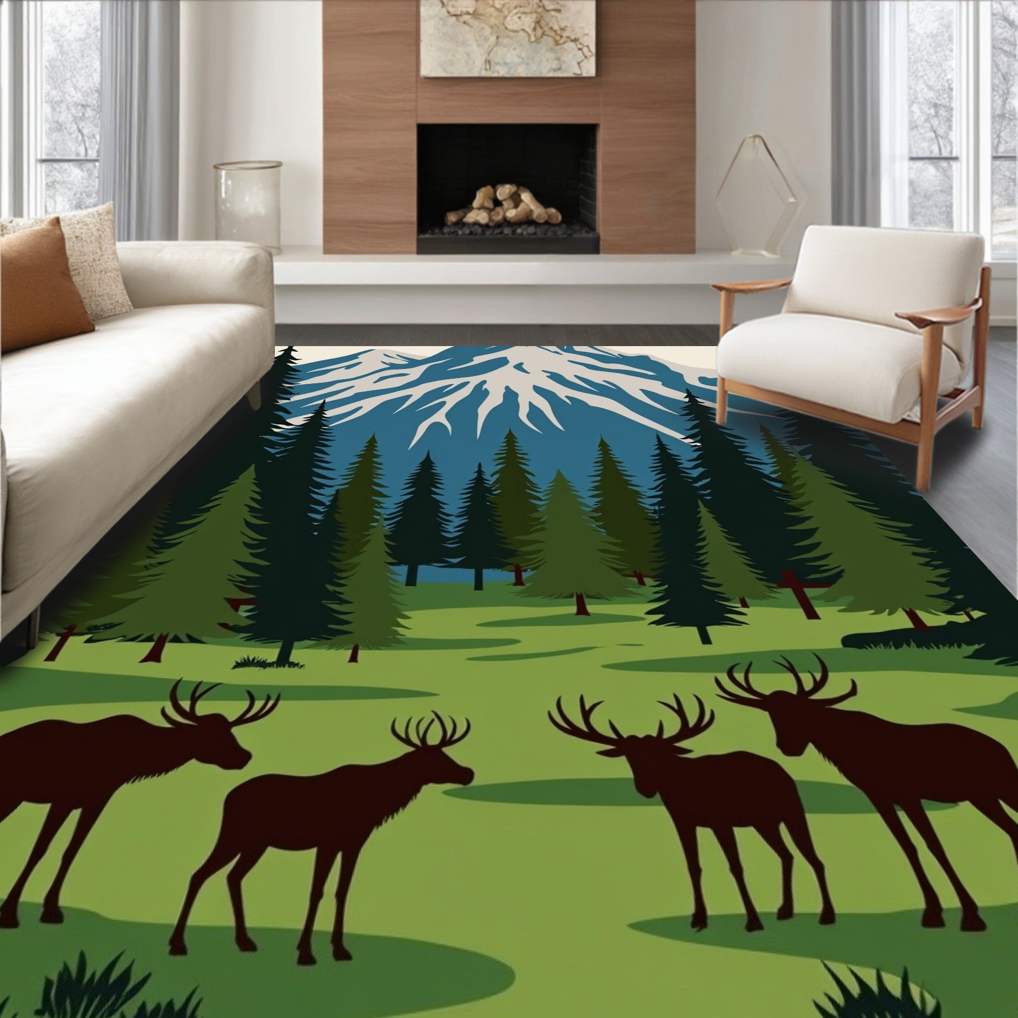Mountain Forest Wildlife Scene Rug