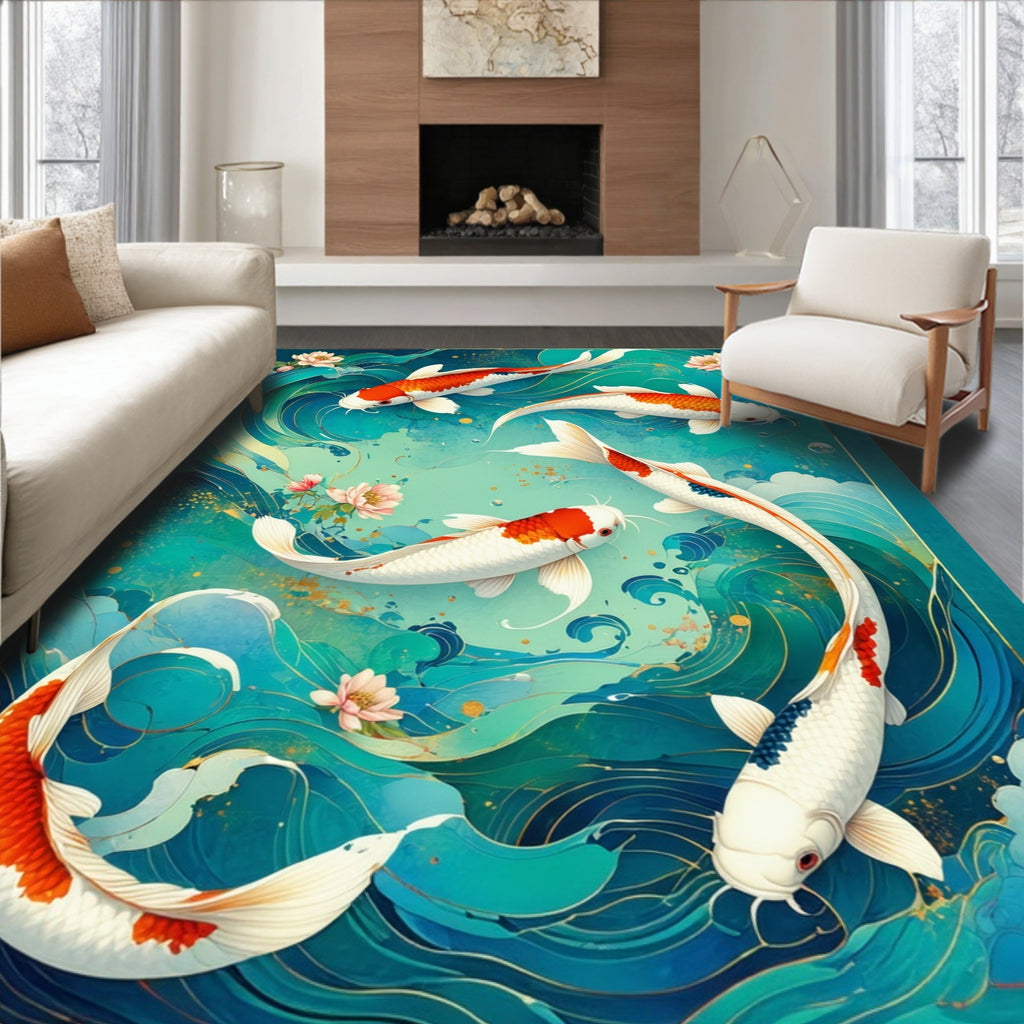 Vibrant Koi Fish Ocean Waves Art Rug
