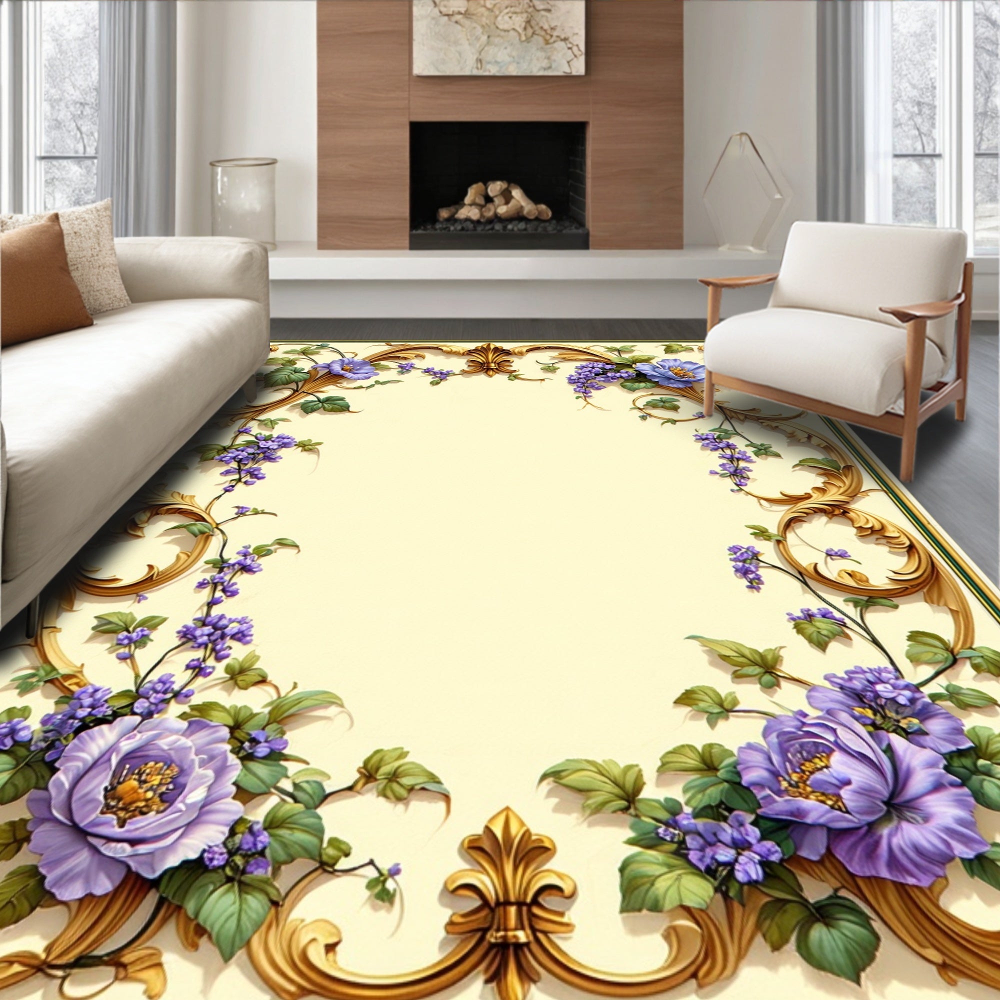 Ornate Floral Gold Scroll Pattern Rug