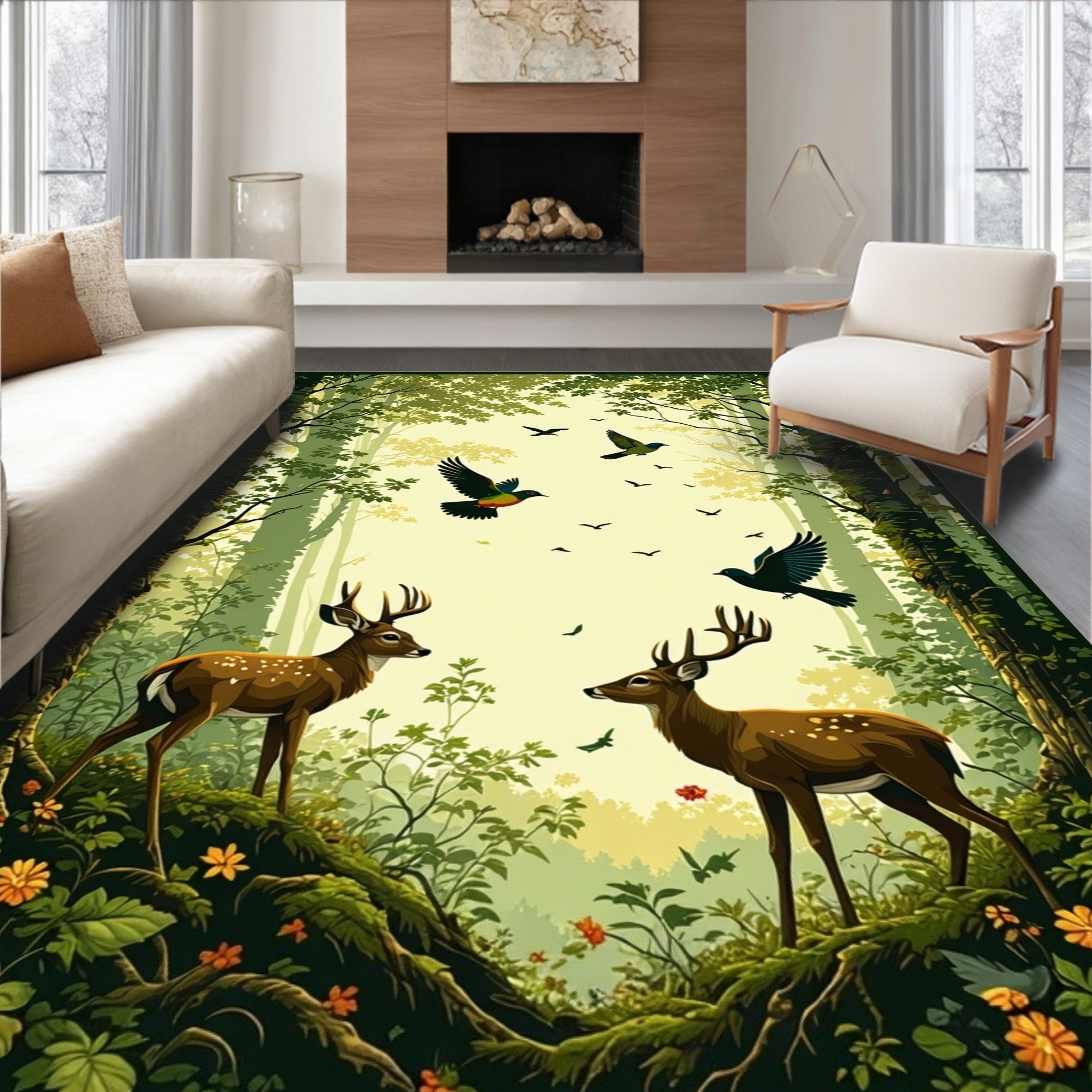Forest Scene Deer Birds Rug