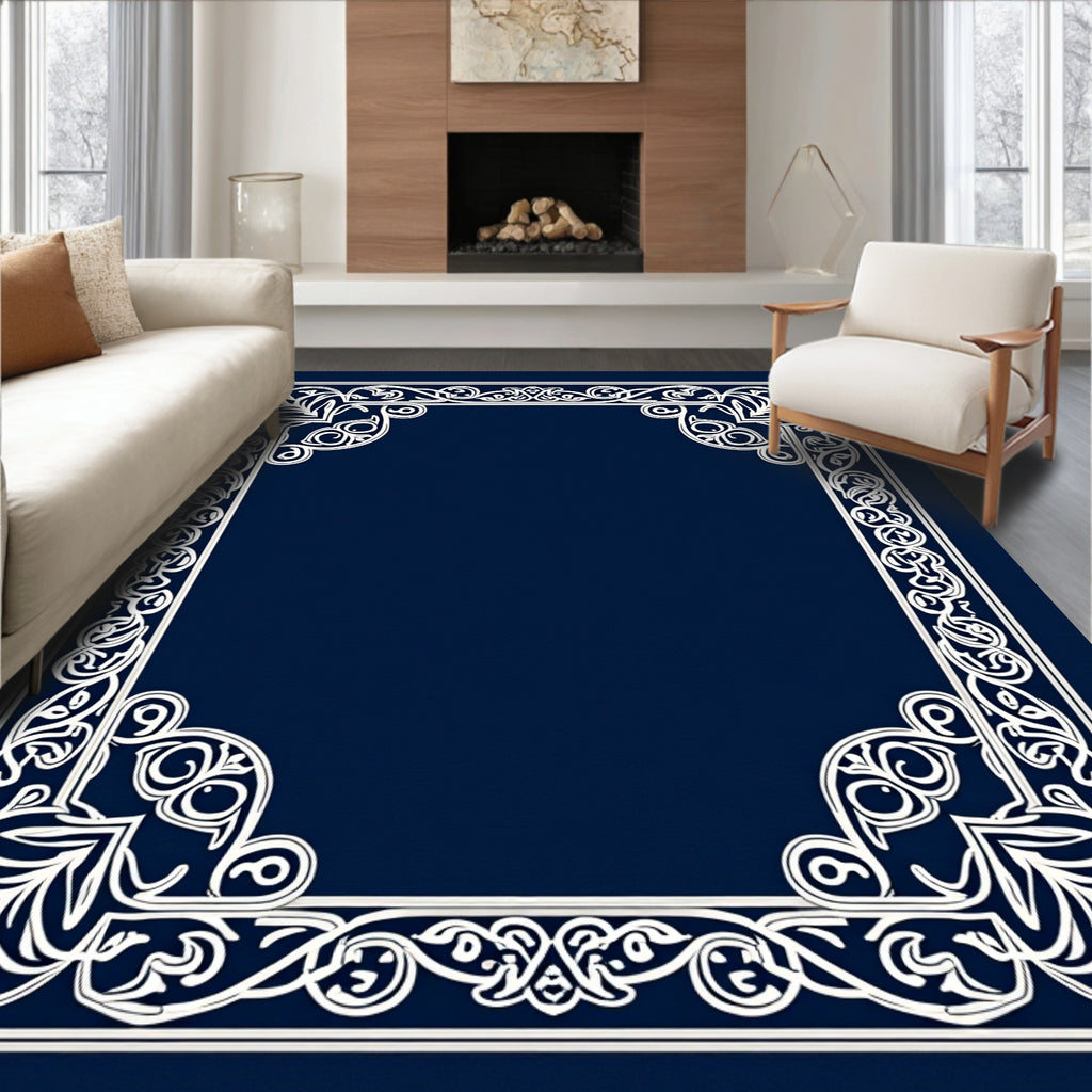 Ornate White Floral Border Design Rug